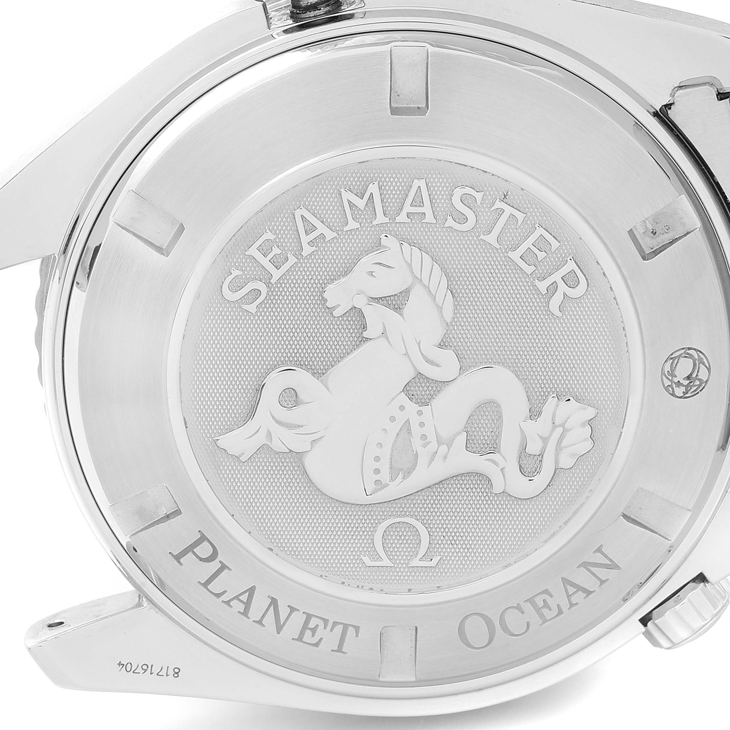 The image shows the case back of an Omega Planet Ocean 2200.51.00 Men
s Stainless Steel Black Dial 2200.51.00 Men
s Stainless Steel Black Dial watch, featuring the Seamaster logo and engraving.