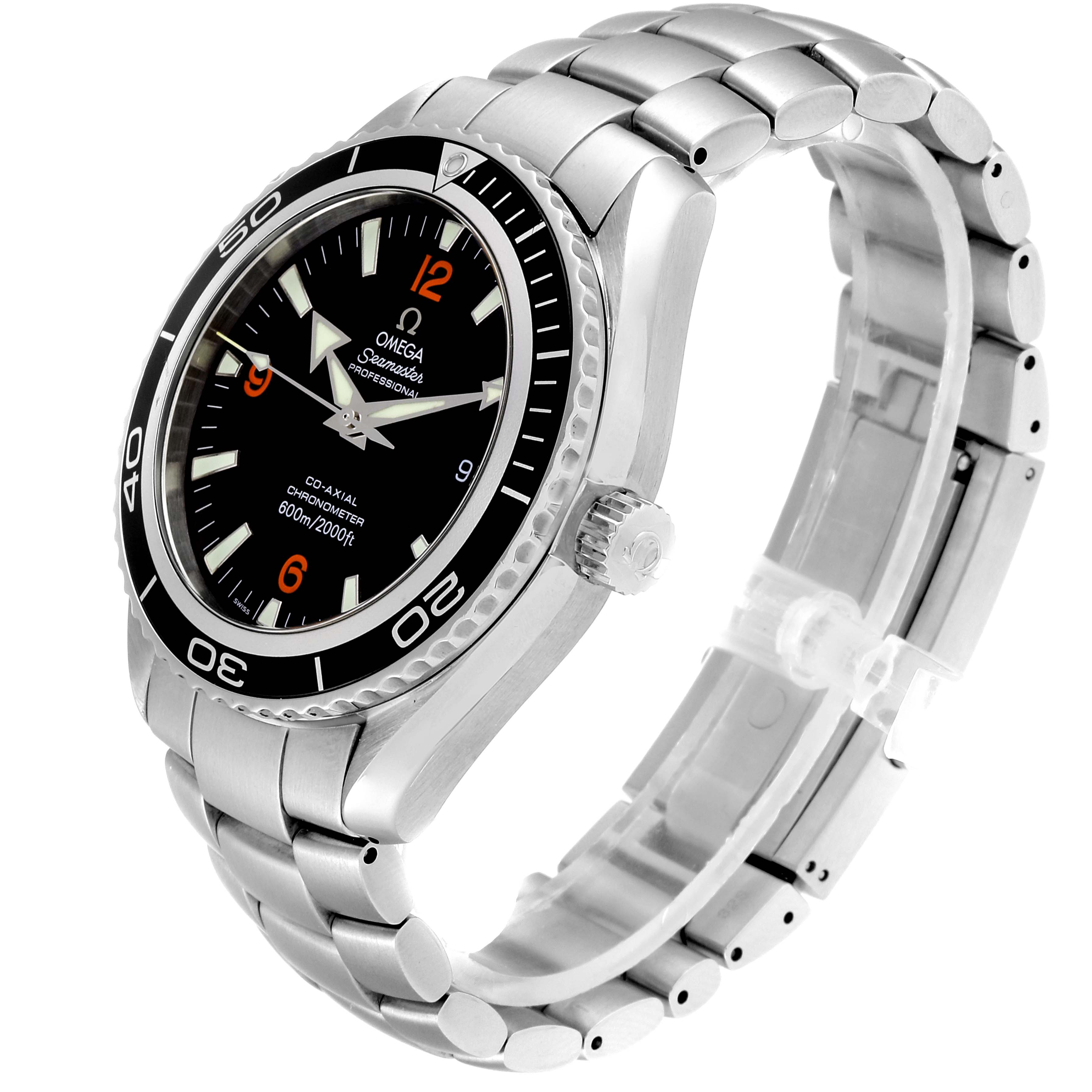 The Omega Planet Ocean 2200.51.00 Men
s Stainless Steel Black Dial 2200.51.00 Men
s Stainless Steel Black Dial watch is shown at an angled side view, highlighting its dial, bezel, crown, and metal bracelet.