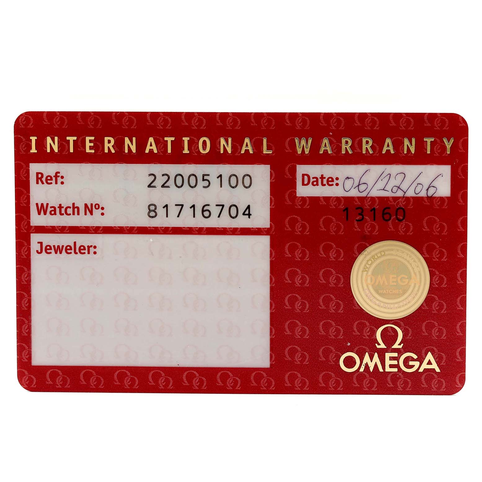 This image shows the international warranty card for the Omega Planet Ocean 2200.51.00 Men
s Stainless Steel Black Dial 2200.51.00 Men
s Stainless Steel Black Dial model, displaying reference number, watch number, and date.