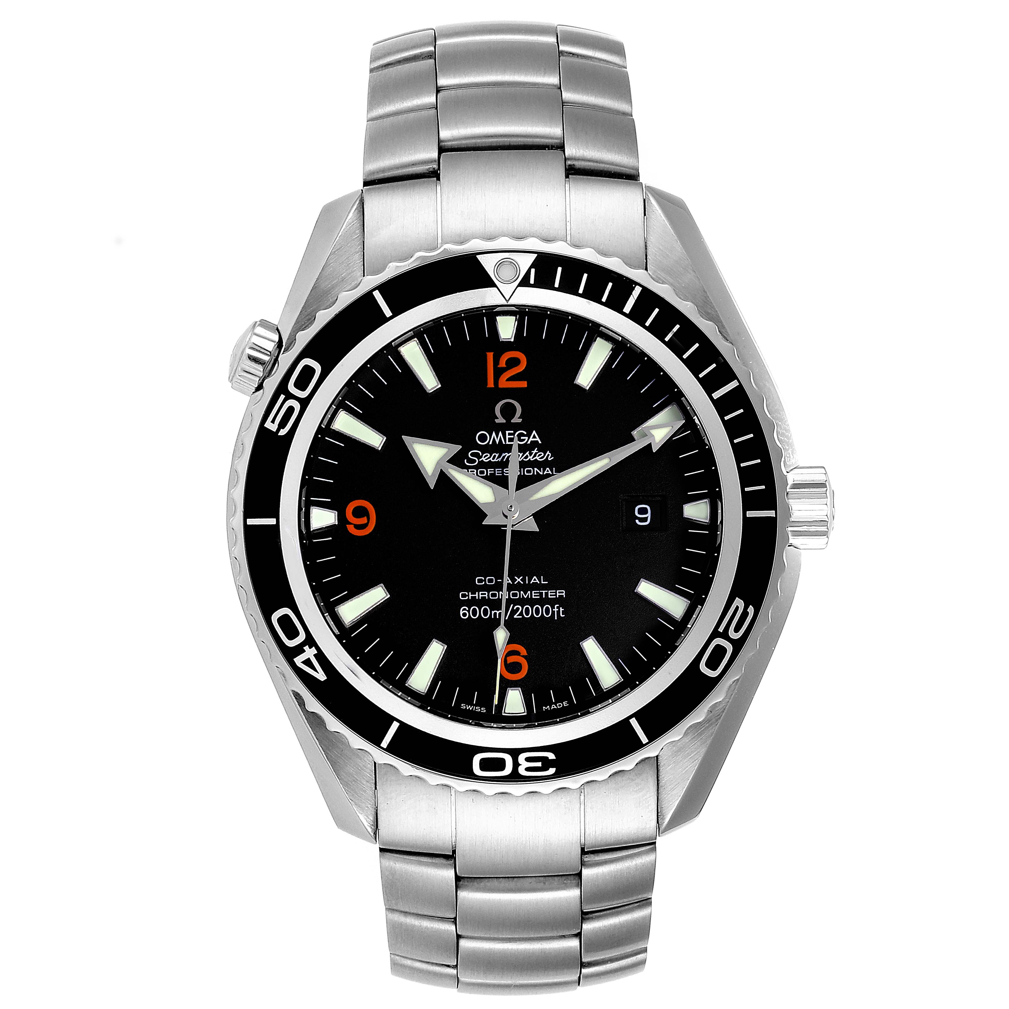 The Omega Planet Ocean 2200.51.00 Men
s Stainless Steel Black Dial 2200.51.00 Men
s Stainless Steel Black Dial watch is shown from a front angle displaying the dial, bezel, and part of the metal bracelet.