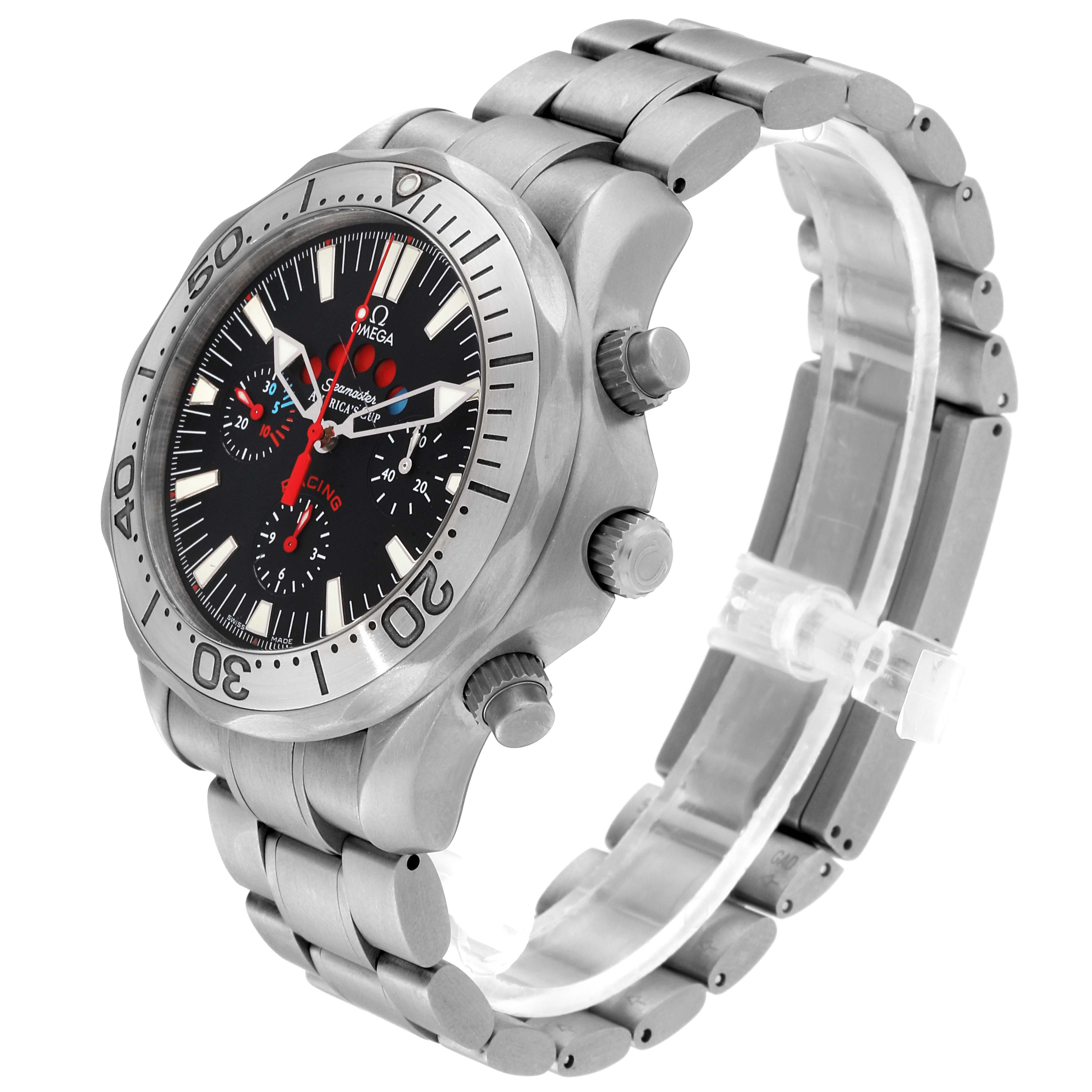 The image shows an angled view of the Omega Seamaster 2269.50.00 Men's Titanium Black Dial 2269.50.00 Men's Titanium Black Dial watch, highlighting its bracelet, bezel, dial, and chronograph buttons.