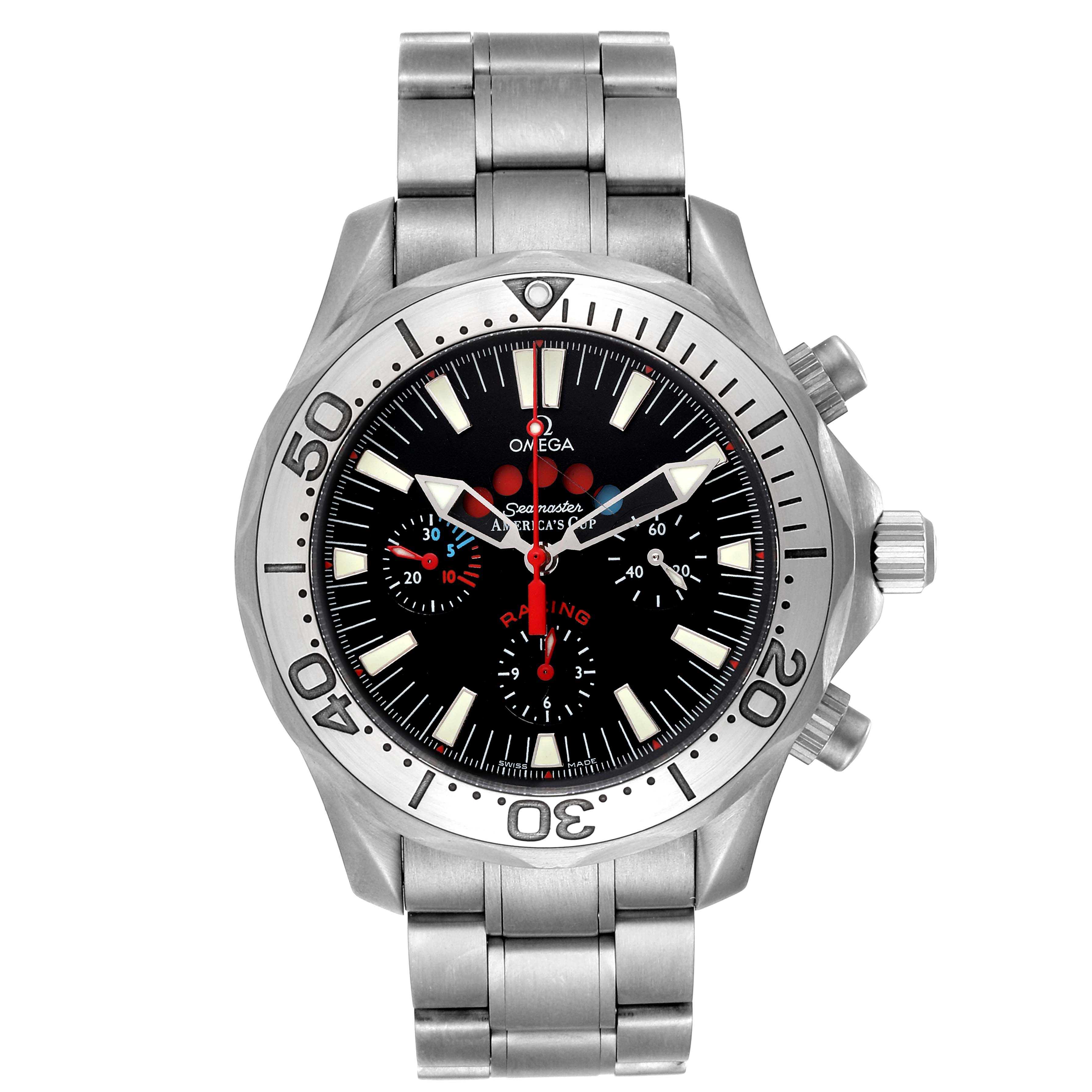 The image shows a front view of the Omega Seamaster 2269.50.00 Men's Titanium Black Dial 2269.50.00 Men's Titanium Black Dial watch, displaying its dial, bezel, and bracelet.