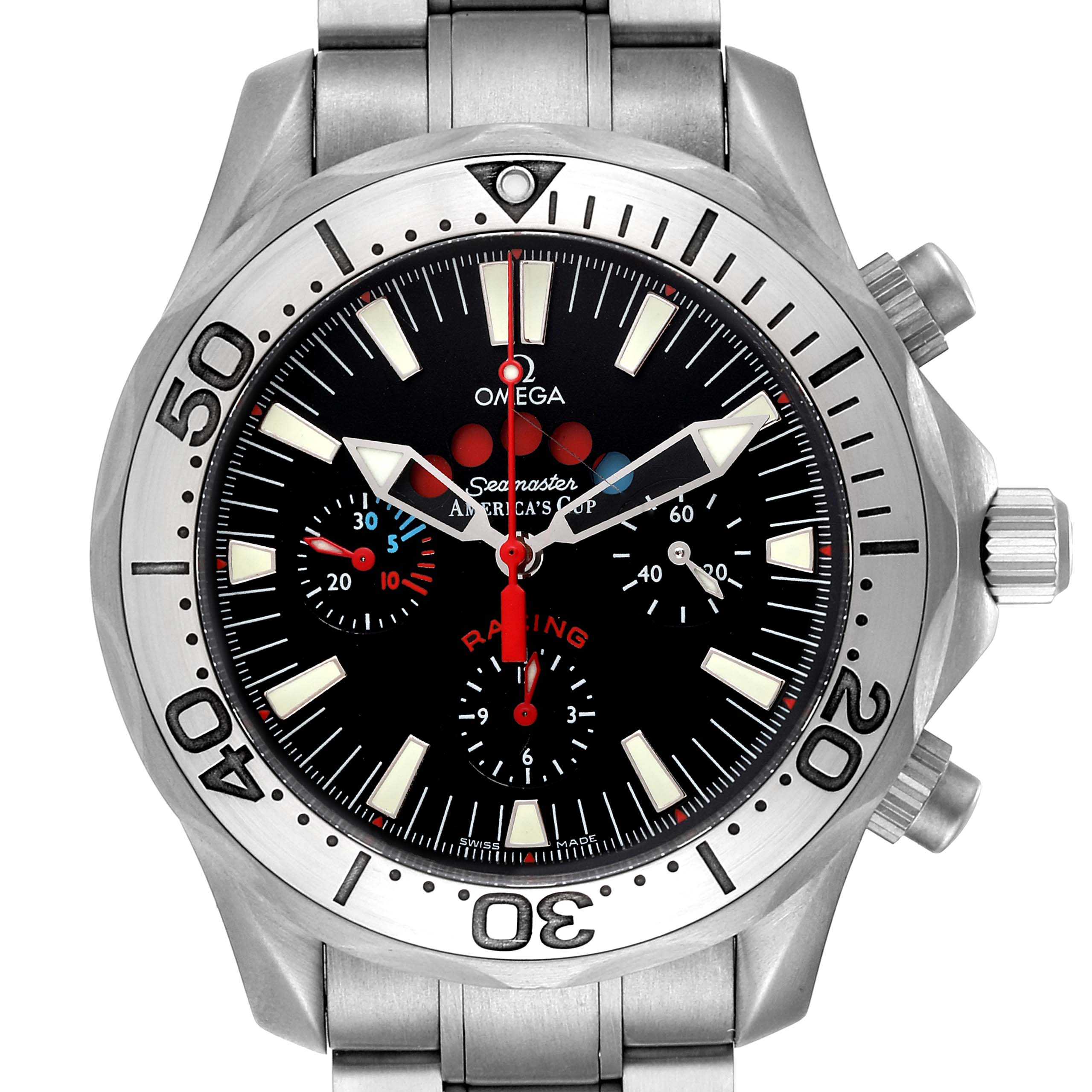 The image shows a front view of the Omega Seamaster 2269.50.00 Men's Titanium Black Dial 2269.50.00 Men's Titanium Black Dial watch, highlighting its face, bezel, and metal band.