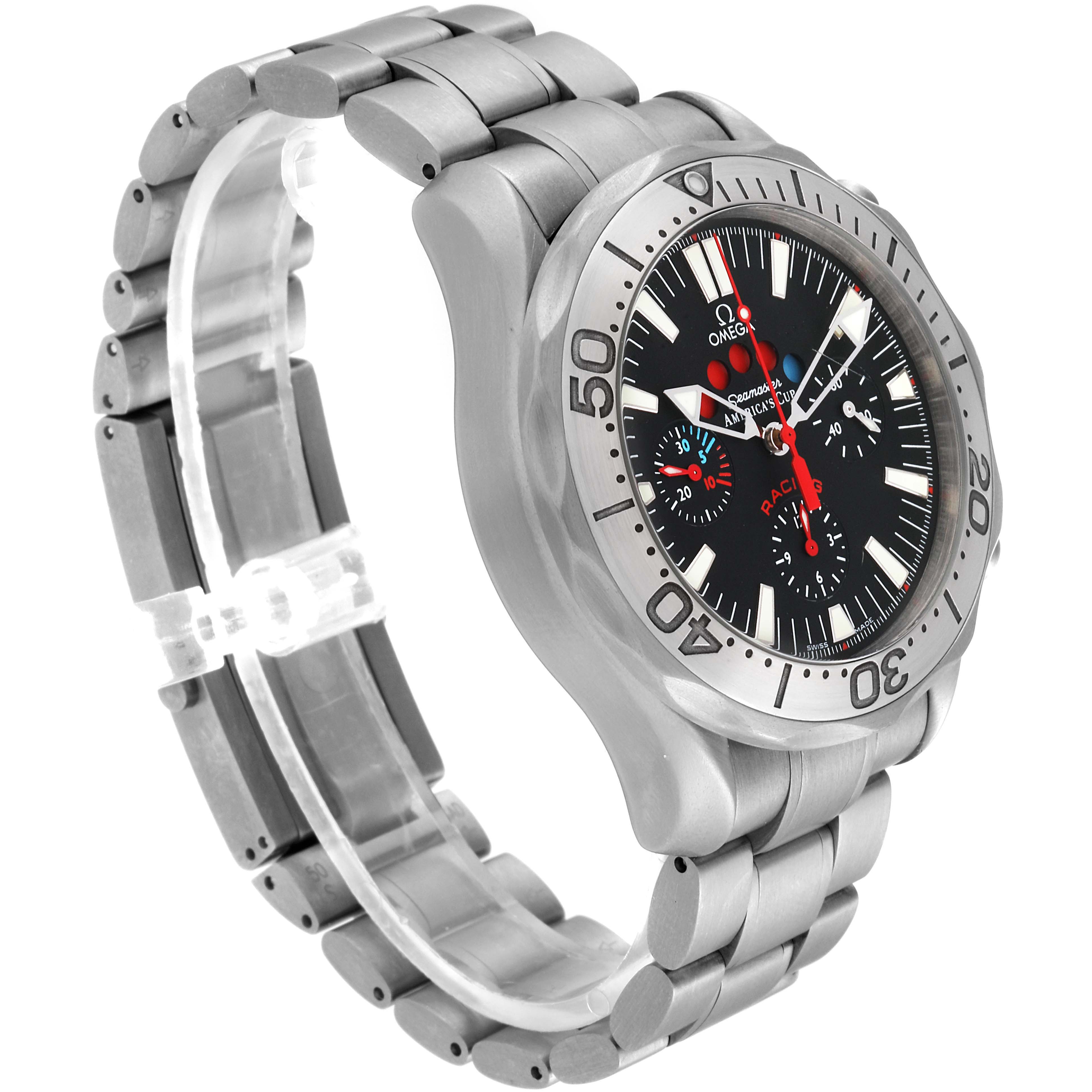 The image shows an angled side view of an Omega Seamaster 2269.50.00 Men's Titanium Black Dial 2269.50.00 Men's Titanium Black Dial watch, highlighting the dial, bezel, and metal strap.