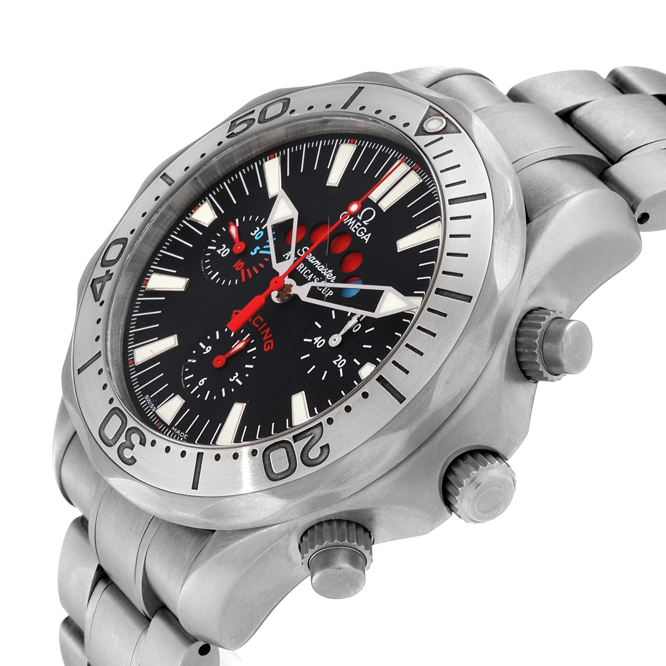 The image shows a side angle of the Omega Seamaster 2269.50.00 Men's Titanium Black Dial 2269.50.00 Men's Titanium Black Dial watch, displaying the face, bezel, crown, pushers, and part of the bracelet.