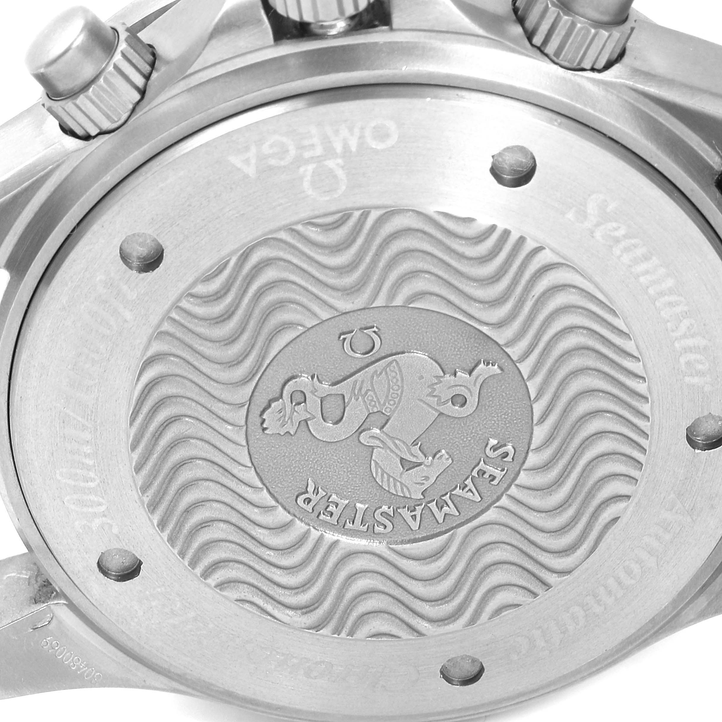 This image shows the back case of an Omega Seamaster 2269.50.00 Men's Titanium Black Dial 2269.50.00 Men's Titanium Black Dial watch, featuring an engraved design and branding.