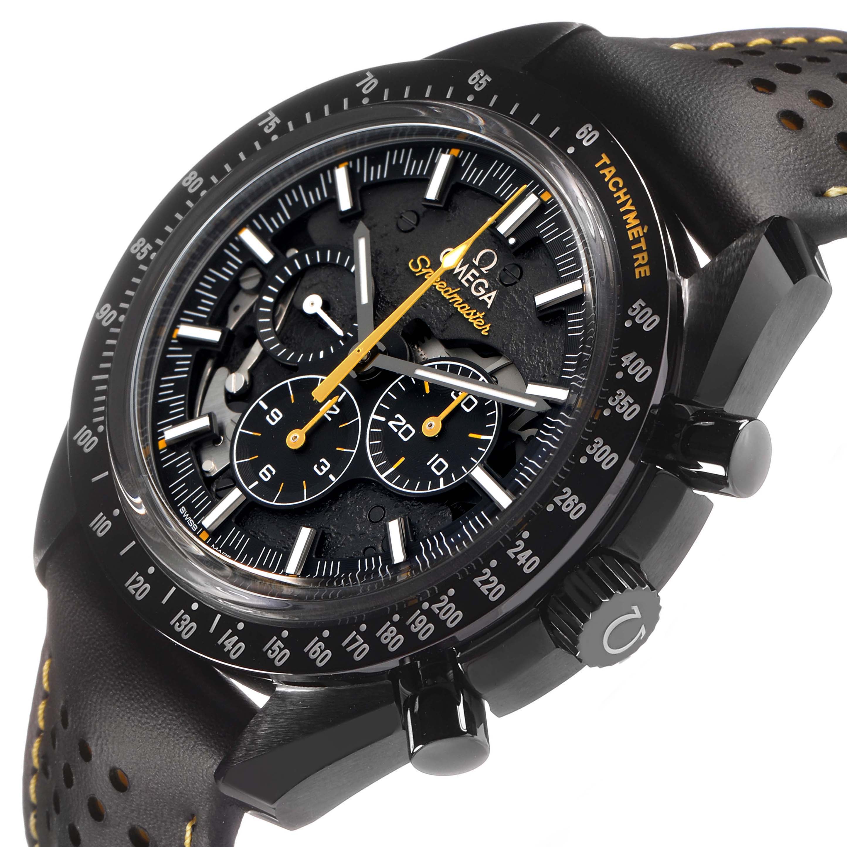 The Omega Speedmaster 311.92.44.30.01.001 Men's Ceramic Black Dial watch is shown at an angled side view, highlighting the dial, bezel, crown, and pushers.