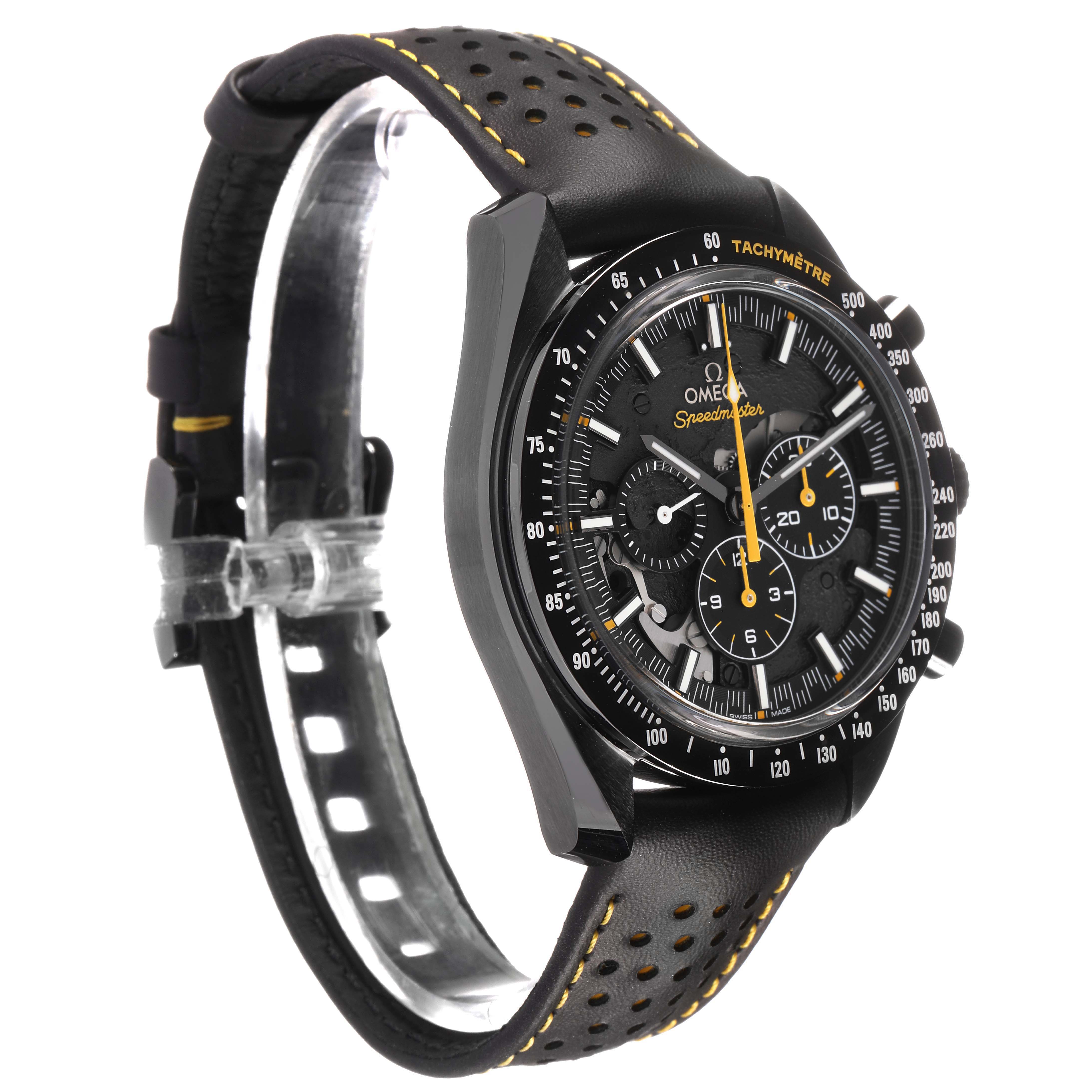 The Omega Speedmaster 311.92.44.30.01.001 Men's Ceramic Black Dial watch is shown from a three-quarter angle, highlighting the face, bezel, and perforated strap.