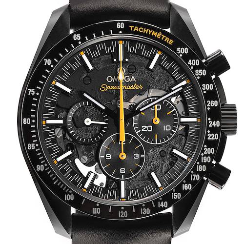 The Omega Speedmaster 311.92.44.30.01.001 Men's Ceramic Black Dial watch is shown from a front angle, highlighting the dial, tachymeter, subdials, and crown.