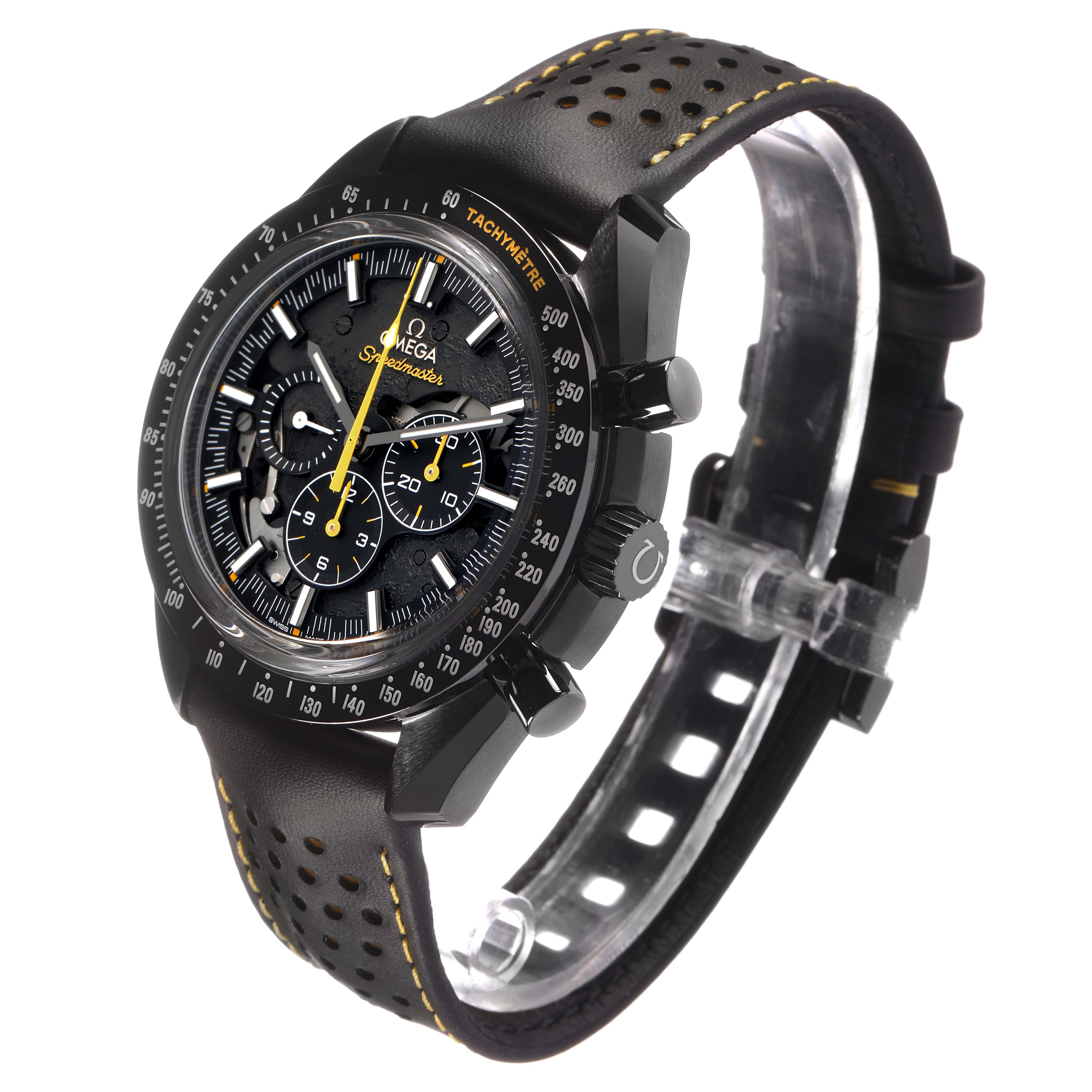 The Omega Speedmaster 311.92.44.30.01.001 Men's Ceramic Black Dial watch is shown at a three-quarter angle, displaying the face, bezel, crown, and perforated strap.