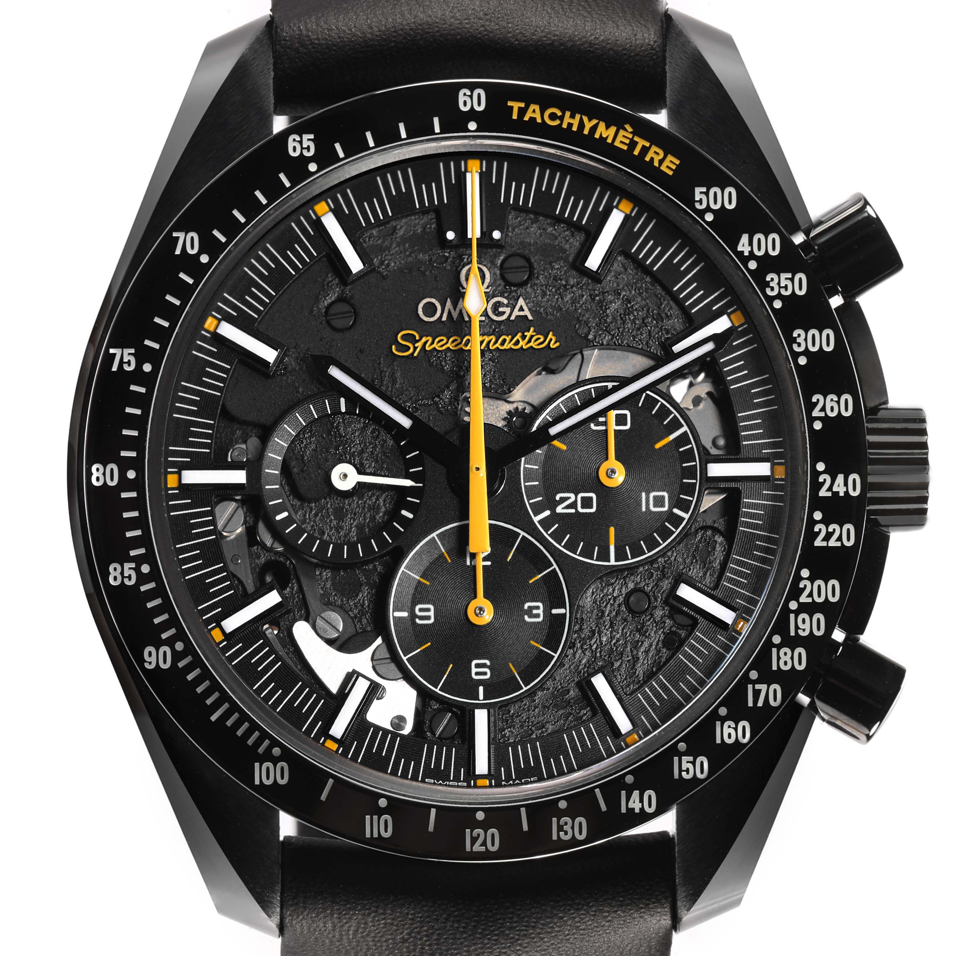 The Omega Speedmaster 311.92.44.30.01.001 Men's Ceramic Black Dial watch is shown from a front angle, displaying its dial, tachymetric scale, and chronograph subdials.