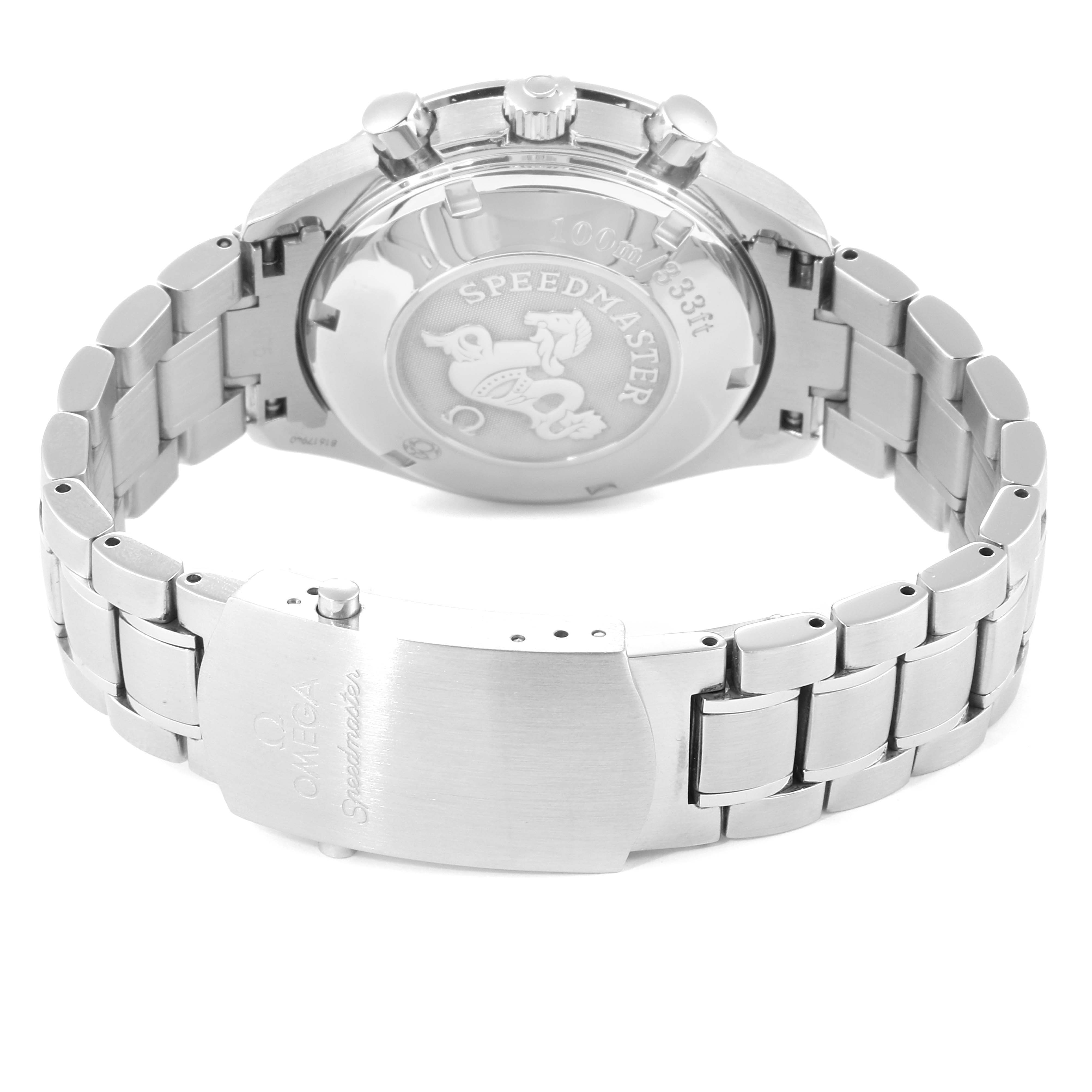 The image shows the back case and clasp of the Omega Speedmaster 3212.80.00 Men's Stainless Steel Blue Dial 3212.80.00 Men's Stainless Steel Blue Dial watch, highlighting the engraved details and stainless steel bracelet.