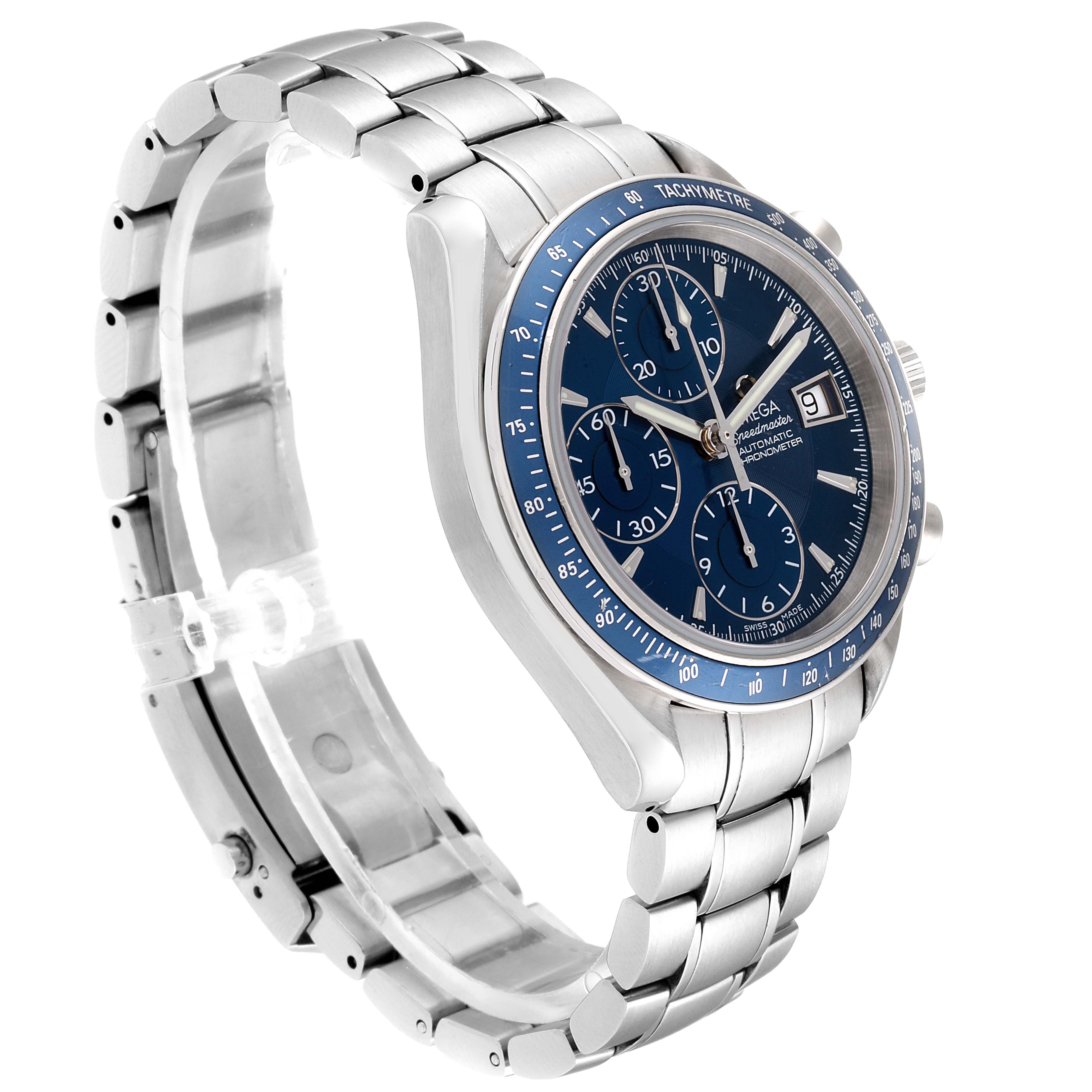 This image shows a side view of an Omega Speedmaster 3212.80.00 Men's Stainless Steel Blue Dial 3212.80.00 Men's Stainless Steel Blue Dial watch with its stainless steel bracelet and blue dial visible.