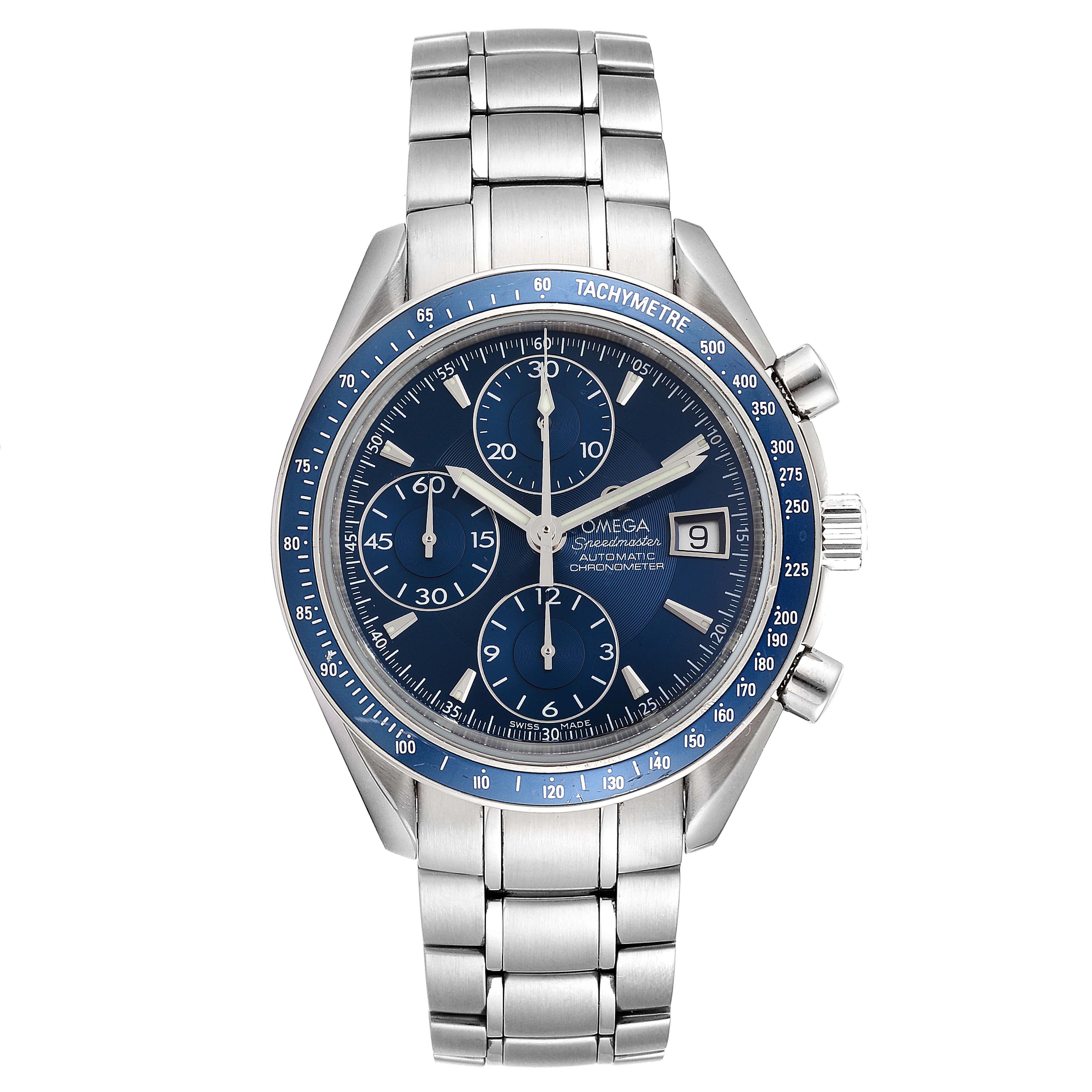 The image shows a front view of an Omega Speedmaster 3212.80.00 Men's Stainless Steel Blue Dial 3212.80.00 Men's Stainless Steel Blue Dial watch, highlighting its blue dial, tachymeter bezel, chronograph subdials, and stainless steel bracelet.