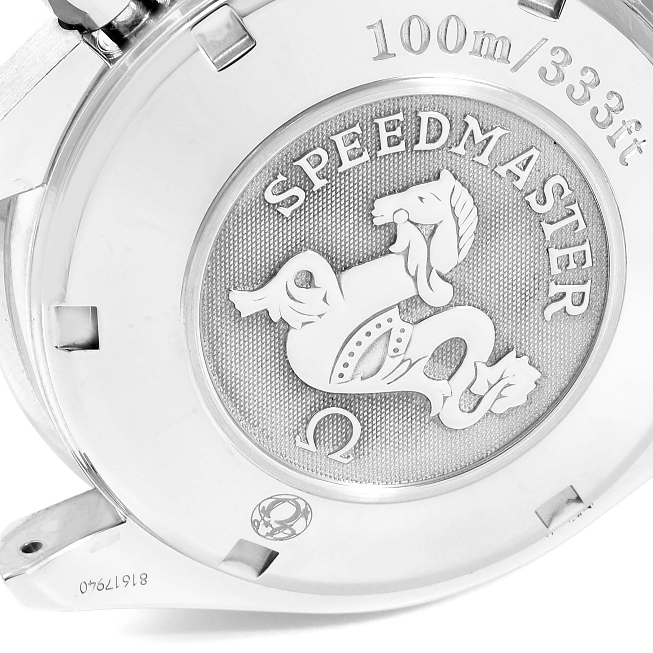 The image shows the back case of the Omega Speedmaster 3212.80.00 Men's Stainless Steel Blue Dial 3212.80.00 Men's Stainless Steel Blue Dial watch, highlighting its logo and water resistance details.