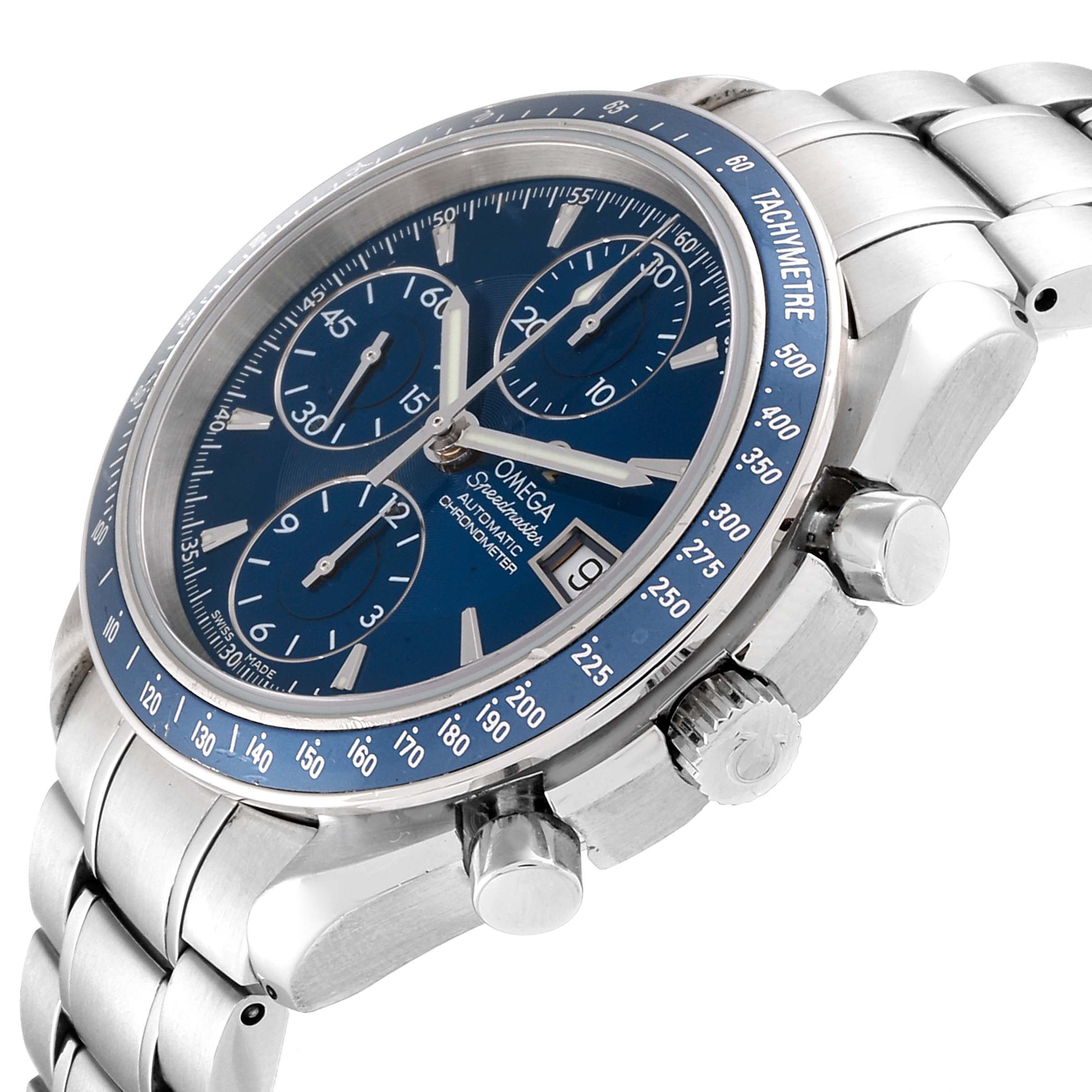 The image shows an Omega Speedmaster 3212.80.00 Men's Stainless Steel Blue Dial 3212.80.00 Men's Stainless Steel Blue Dial watch at an angle focusing on its blue dial, subdials, tachymeter, and stainless steel bracelet.