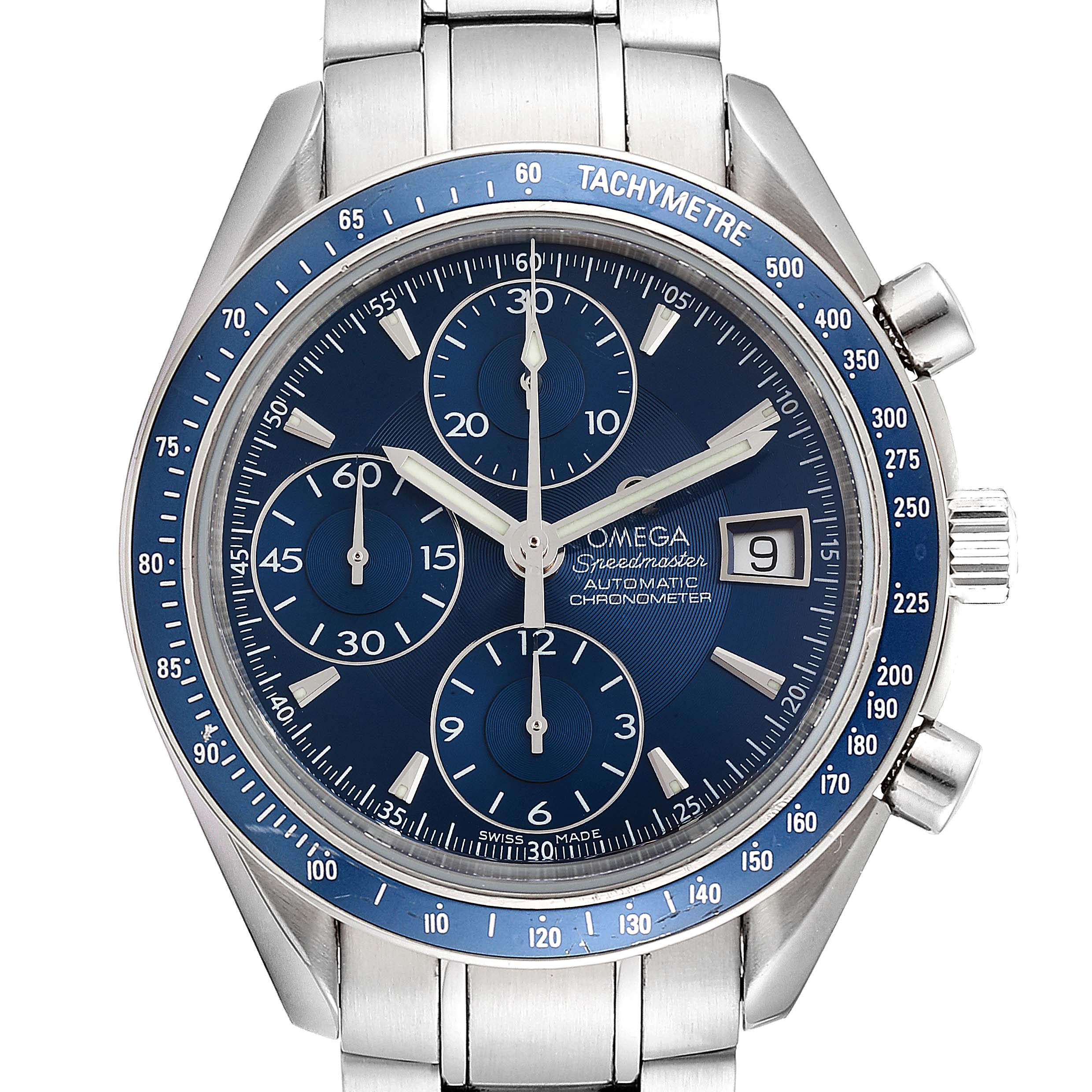 The image shows a frontal view of an Omega Speedmaster 3212.80.00 Men's Stainless Steel Blue Dial 3212.80.00 Men's Stainless Steel Blue Dial watch, displaying the dial, subdials, tachymeter bezel, and date window.