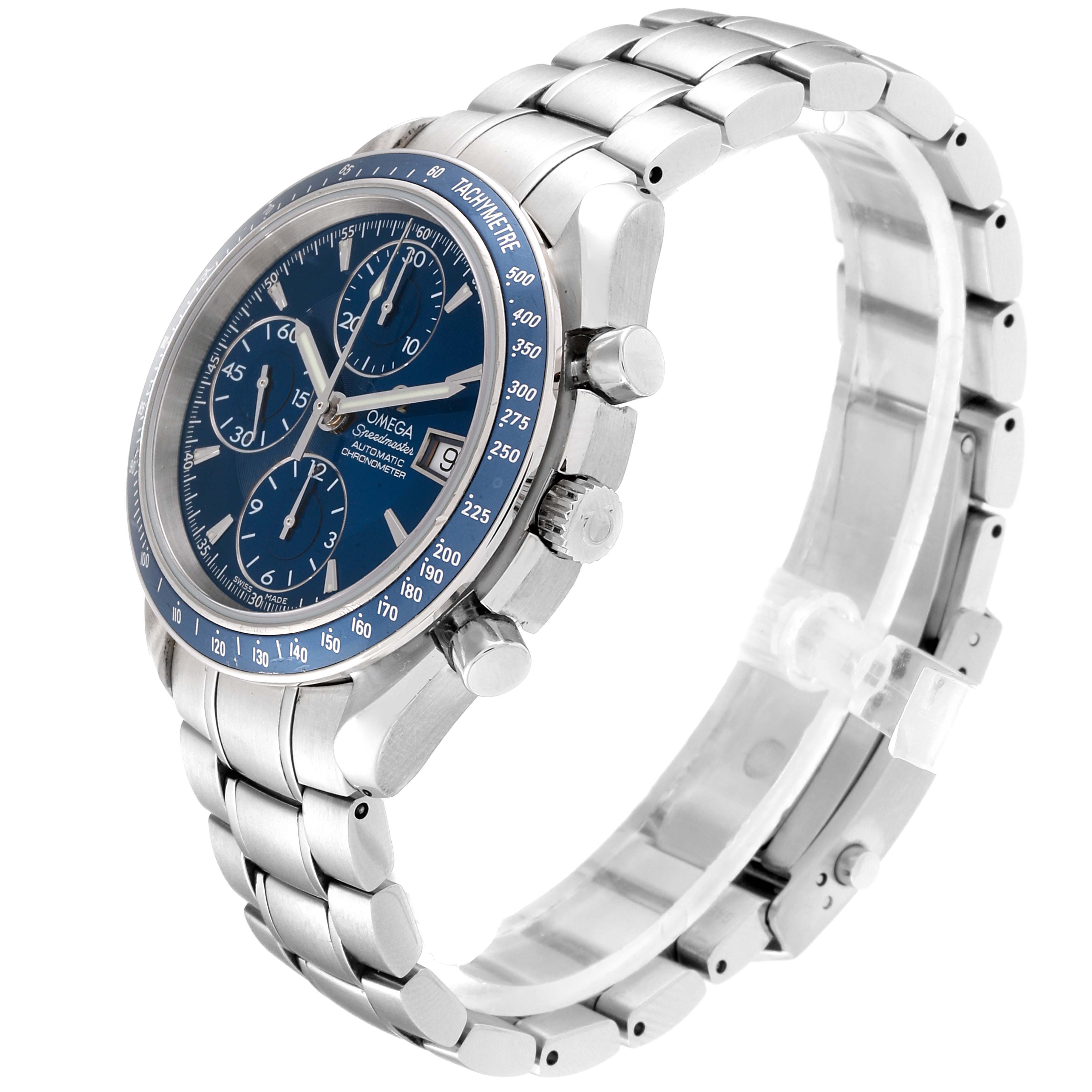 The image shows the Omega Speedmaster 3212.80.00 Men's Stainless Steel Blue Dial 3212.80.00 Men's Stainless Steel Blue Dial watch at a three-quarter angle, displaying the face, crown, pushers, and bracelet.