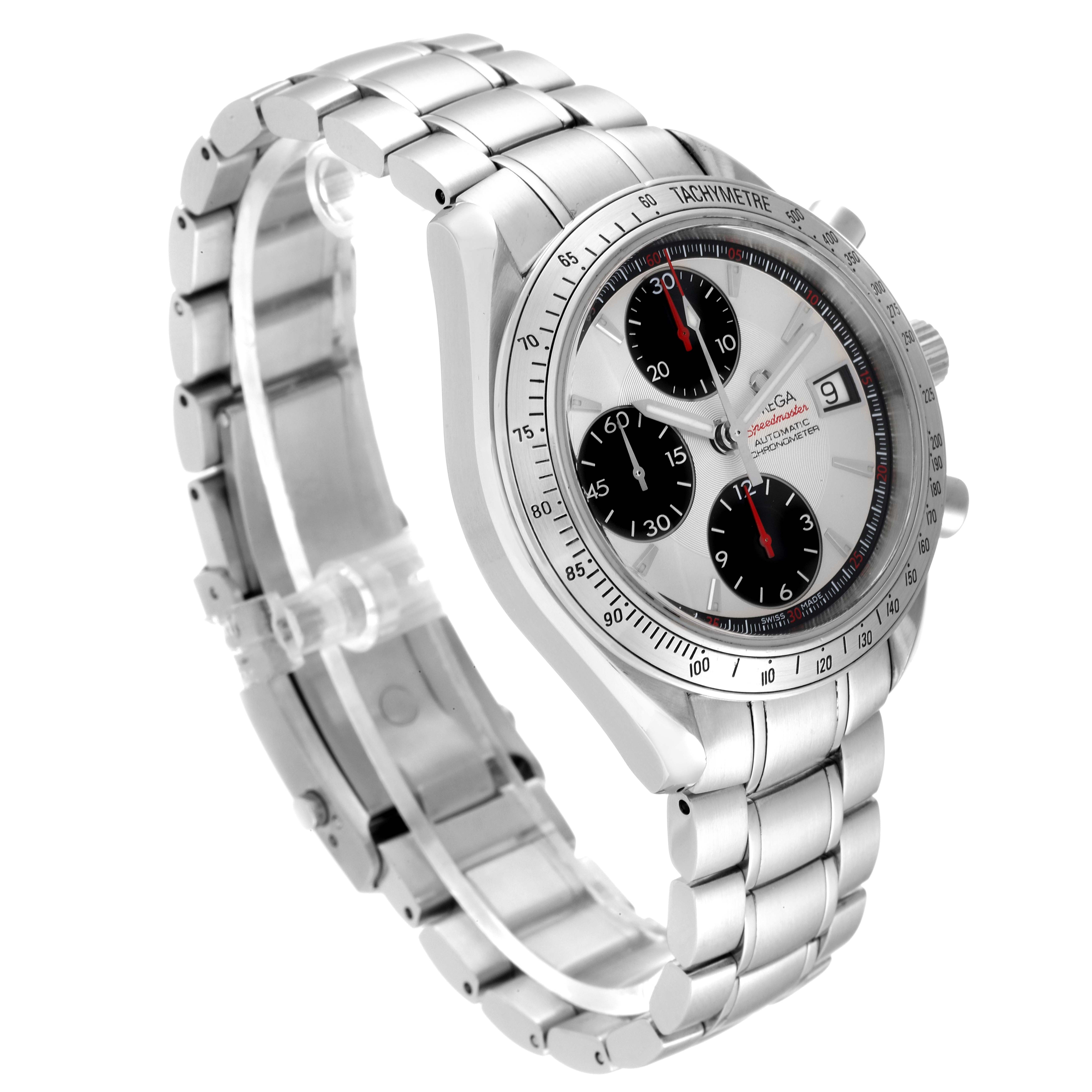 The Omega Speedmaster 3211.31.00 Men's Stainless Steel Silver Dial 3211.31.00 Men's Stainless Steel Silver Dial watch is shown at a tilted angle, displaying its face, tachymeter, and stainless steel bracelet.