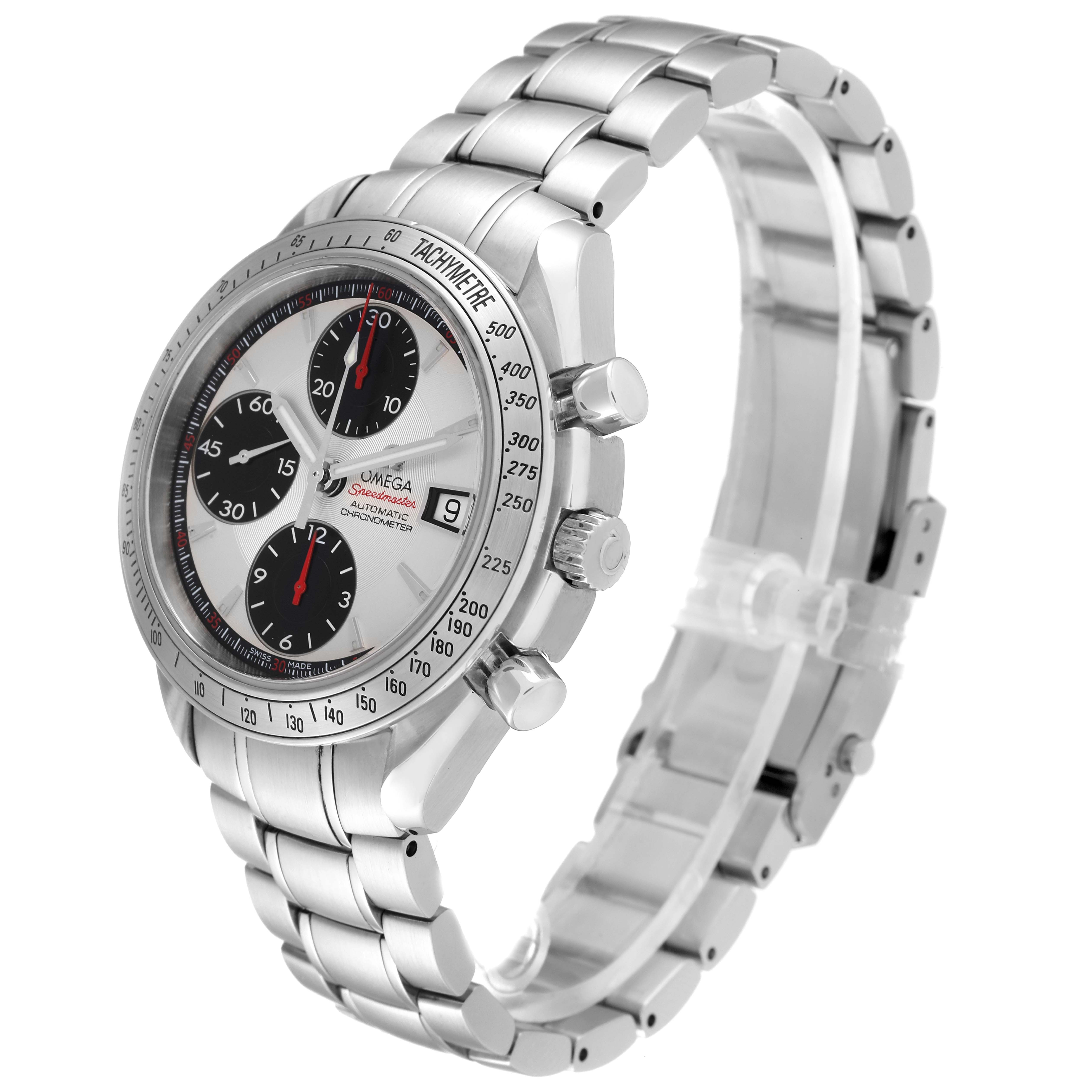 The Omega Speedmaster 3211.31.00 Men's Stainless Steel Silver Dial 3211.31.00 Men's Stainless Steel Silver Dial watch is shown at a three-quarter angle, highlighting the dial, bezel, pushers, and bracelet.