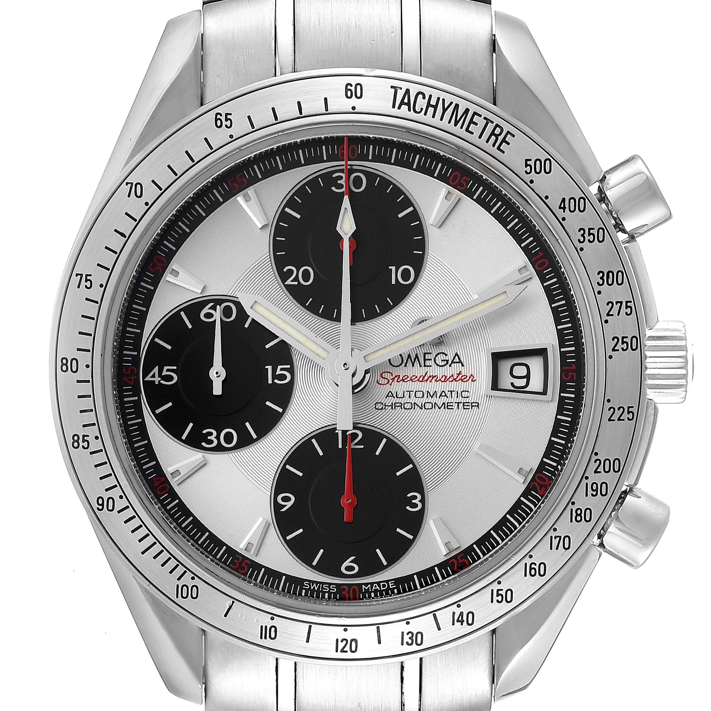 The image shows a front view of an Omega Speedmaster 3211.31.00 Men's Stainless Steel Silver Dial 3211.31.00 Men's Stainless Steel Silver Dial watch, displaying its dial, chronograph subdials, tachymeter scale, and date window.