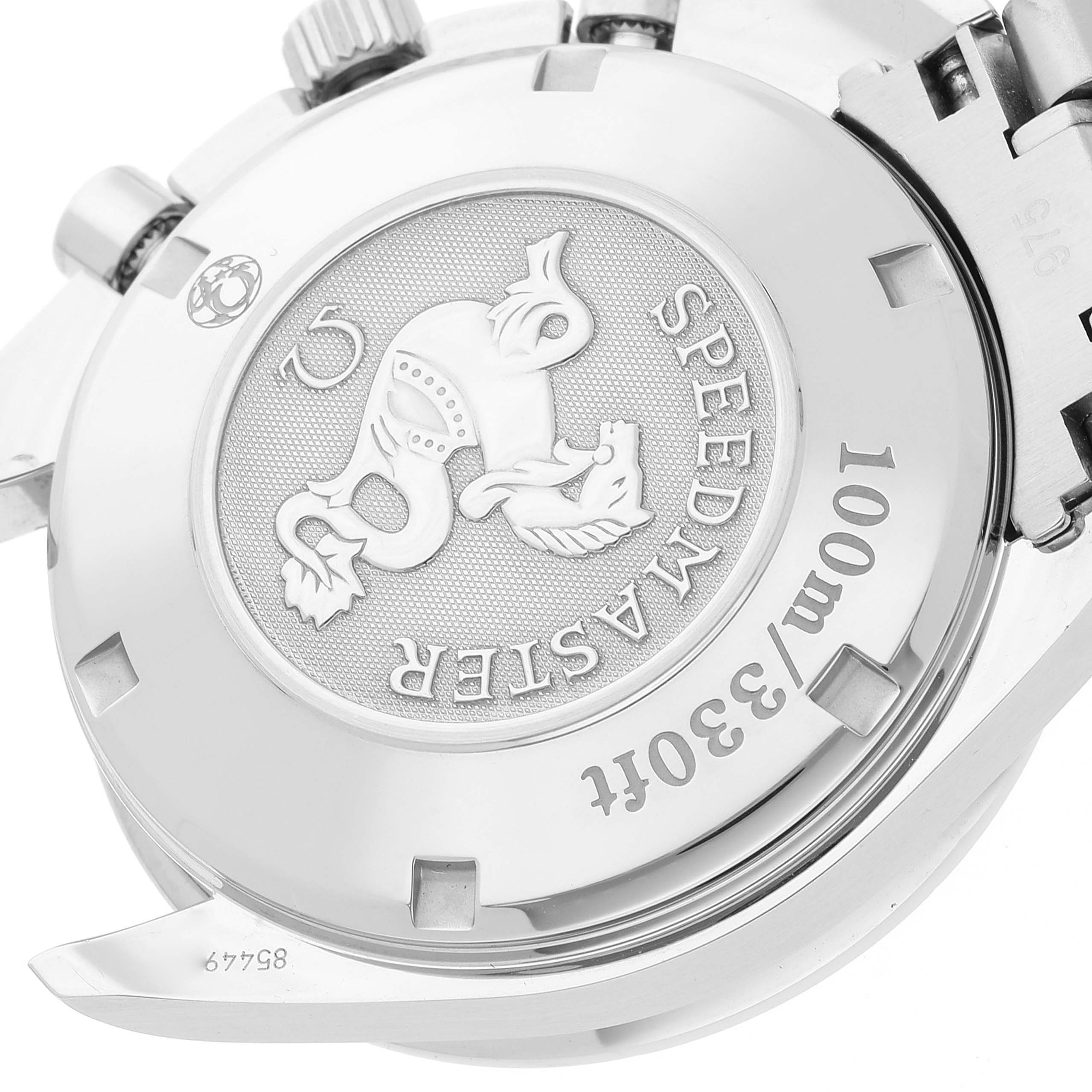 The image shows the back case of an Omega Speedmaster 3211.31.00 Men's Stainless Steel Silver Dial 3211.31.00 Men's Stainless Steel Silver Dial watch with its branding and water resistance details.