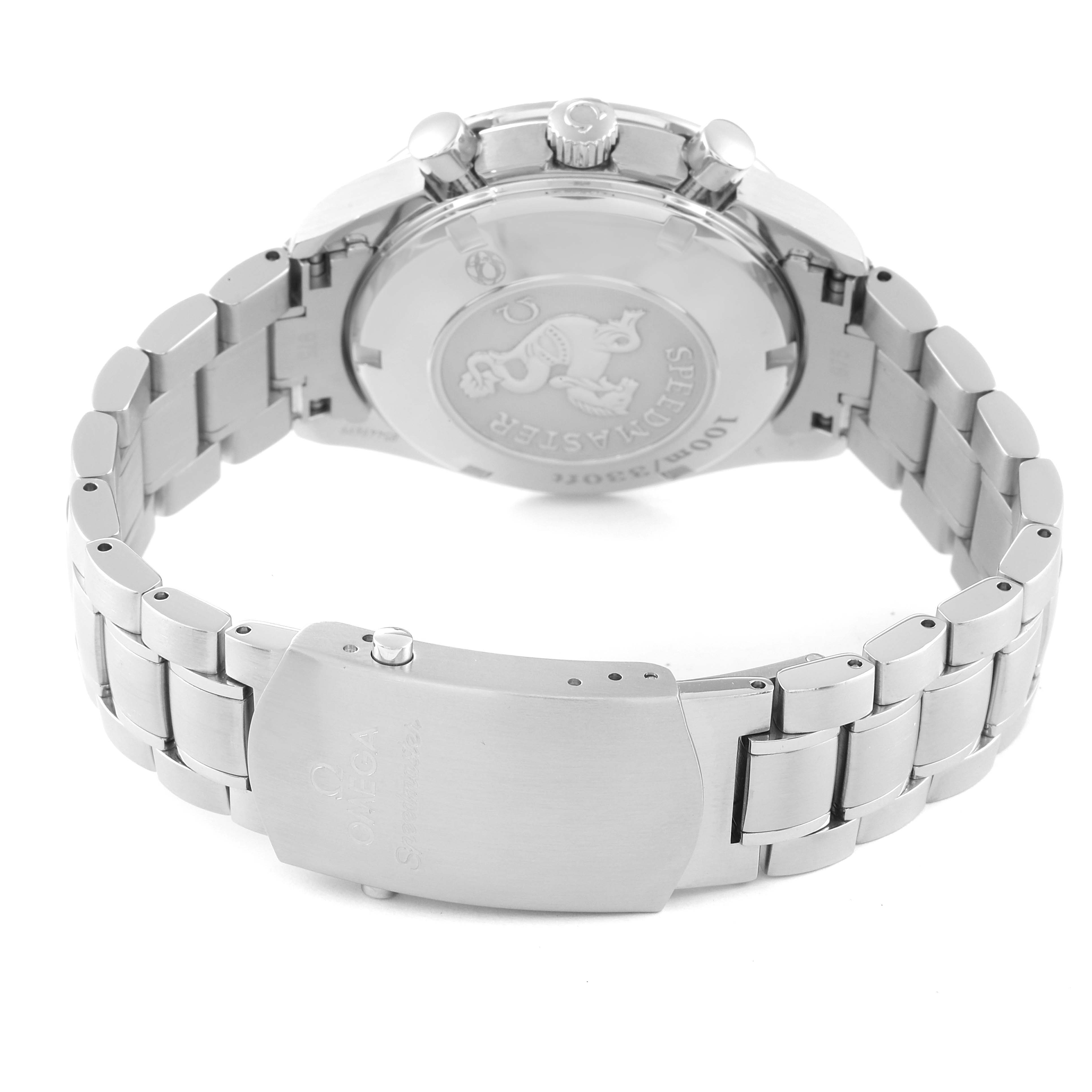 The image shows the back view of an Omega Speedmaster 3211.31.00 Men's Stainless Steel Silver Dial 3211.31.00 Men's Stainless Steel Silver Dial watch, focusing on its case back, crown, and metal bracelet with clasp.