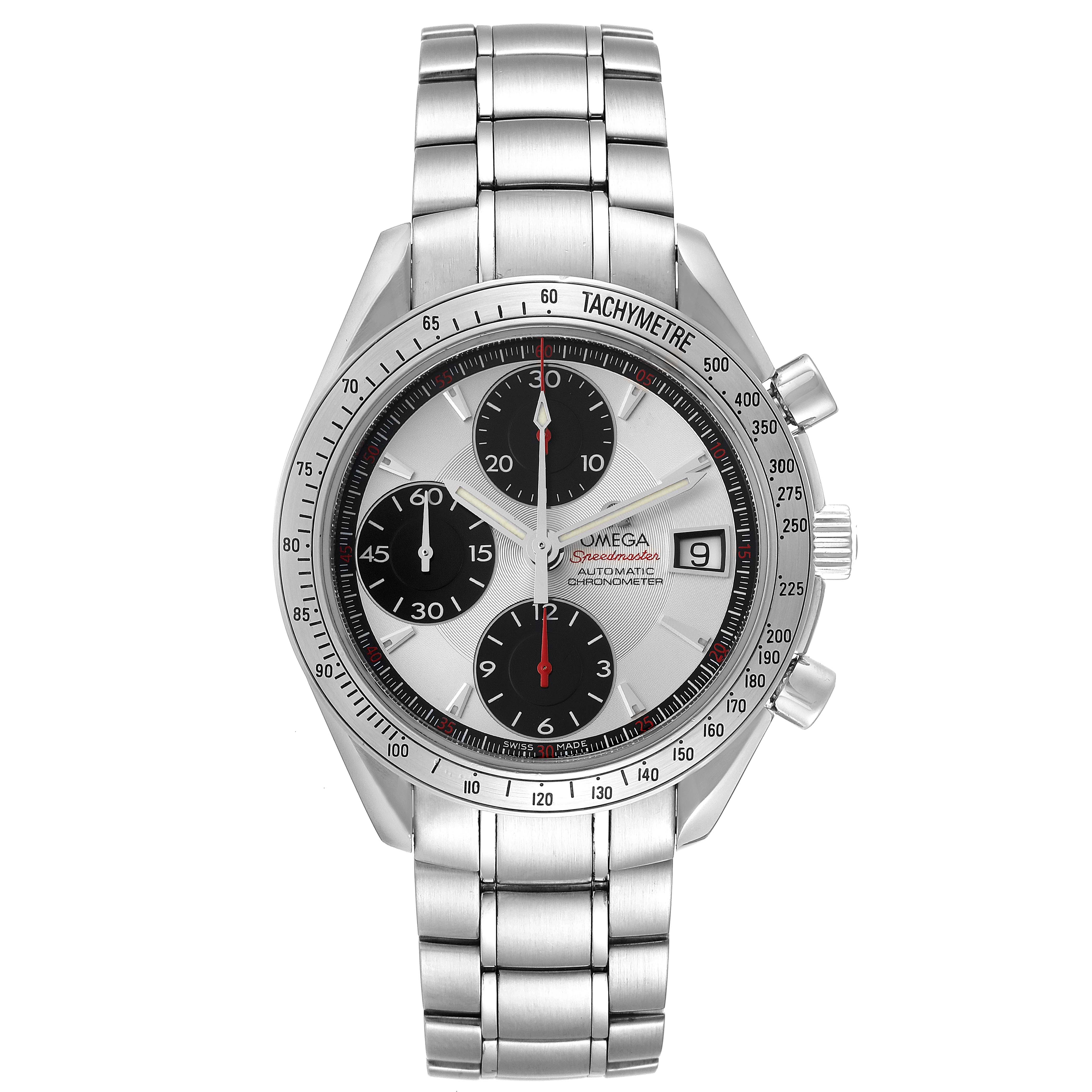 This Omega Speedmaster 3211.31.00 Men's Stainless Steel Silver Dial 3211.31.00 Men's Stainless Steel Silver Dial watch is shown from a front angle, displaying its dial, subdials, tachymeter bezel, and metal bracelet.
