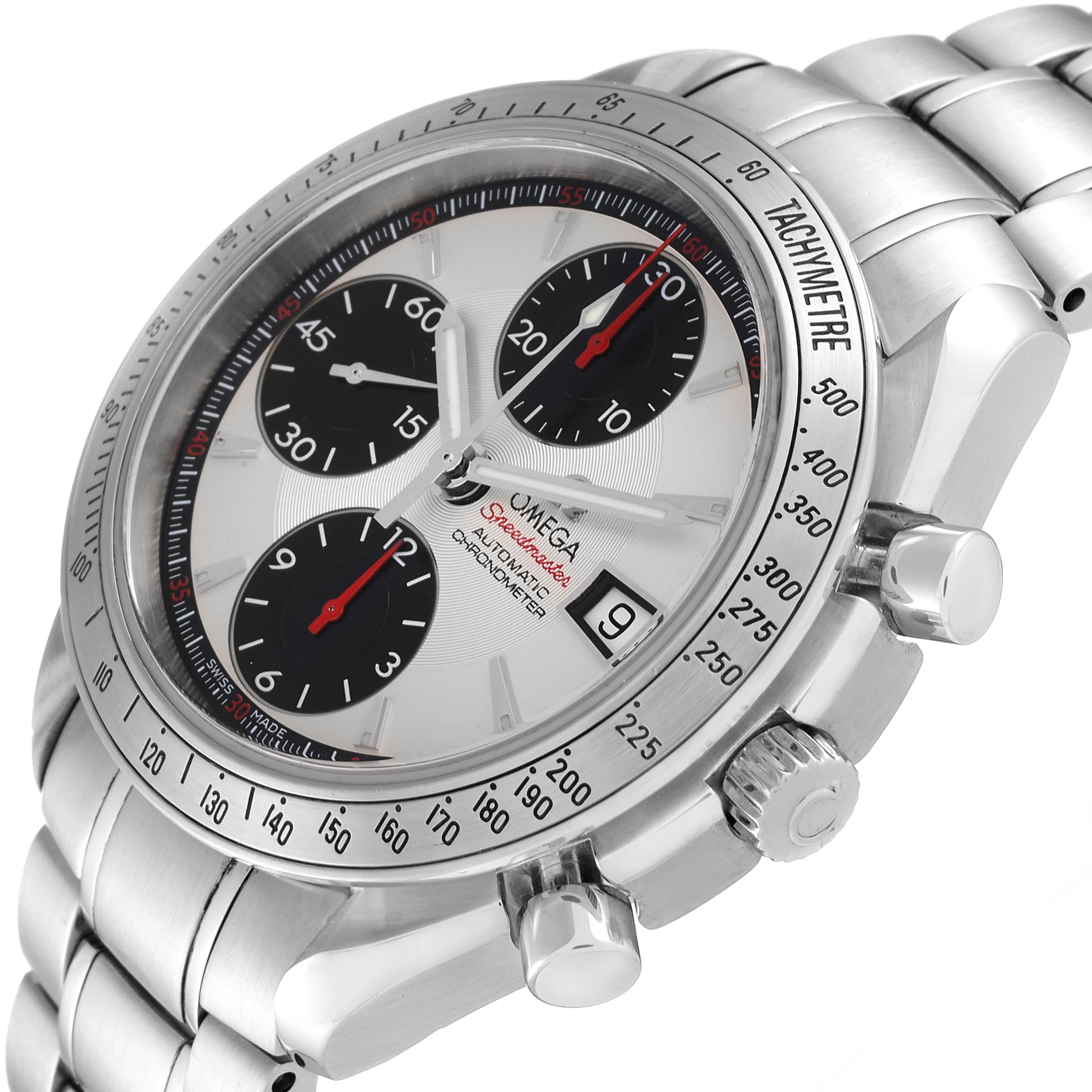 The Omega Speedmaster 3211.31.00 Men's Stainless Steel Silver Dial 3211.31.00 Men's Stainless Steel Silver Dial watch is shown at an oblique angle, highlighting the tachymeter bezel, sub-dials, pushers, and bracelet.