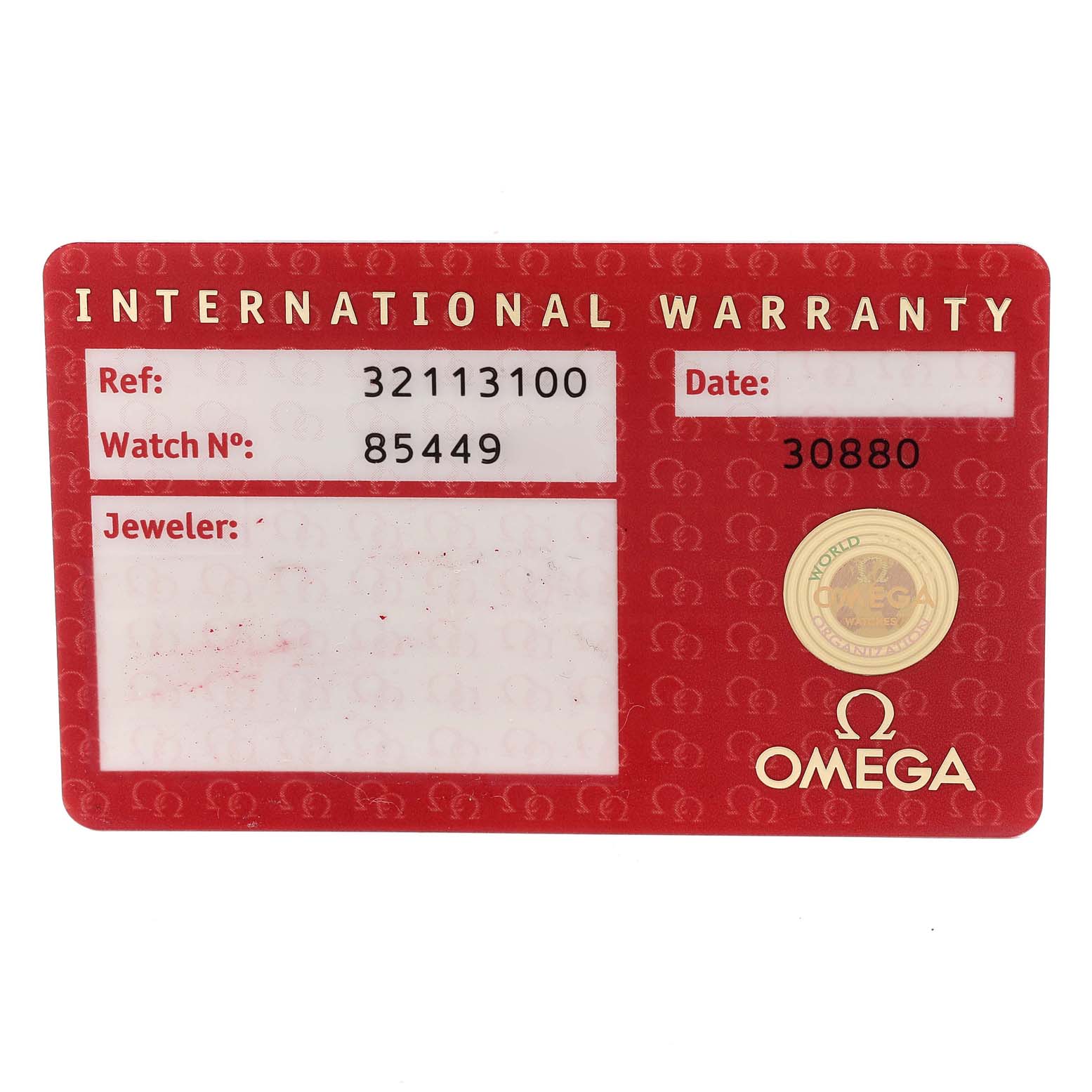 This image shows the international warranty card for an Omega Speedmaster 3211.31.00 Men's Stainless Steel Silver Dial 3211.31.00 Men's Stainless Steel Silver Dial watch.