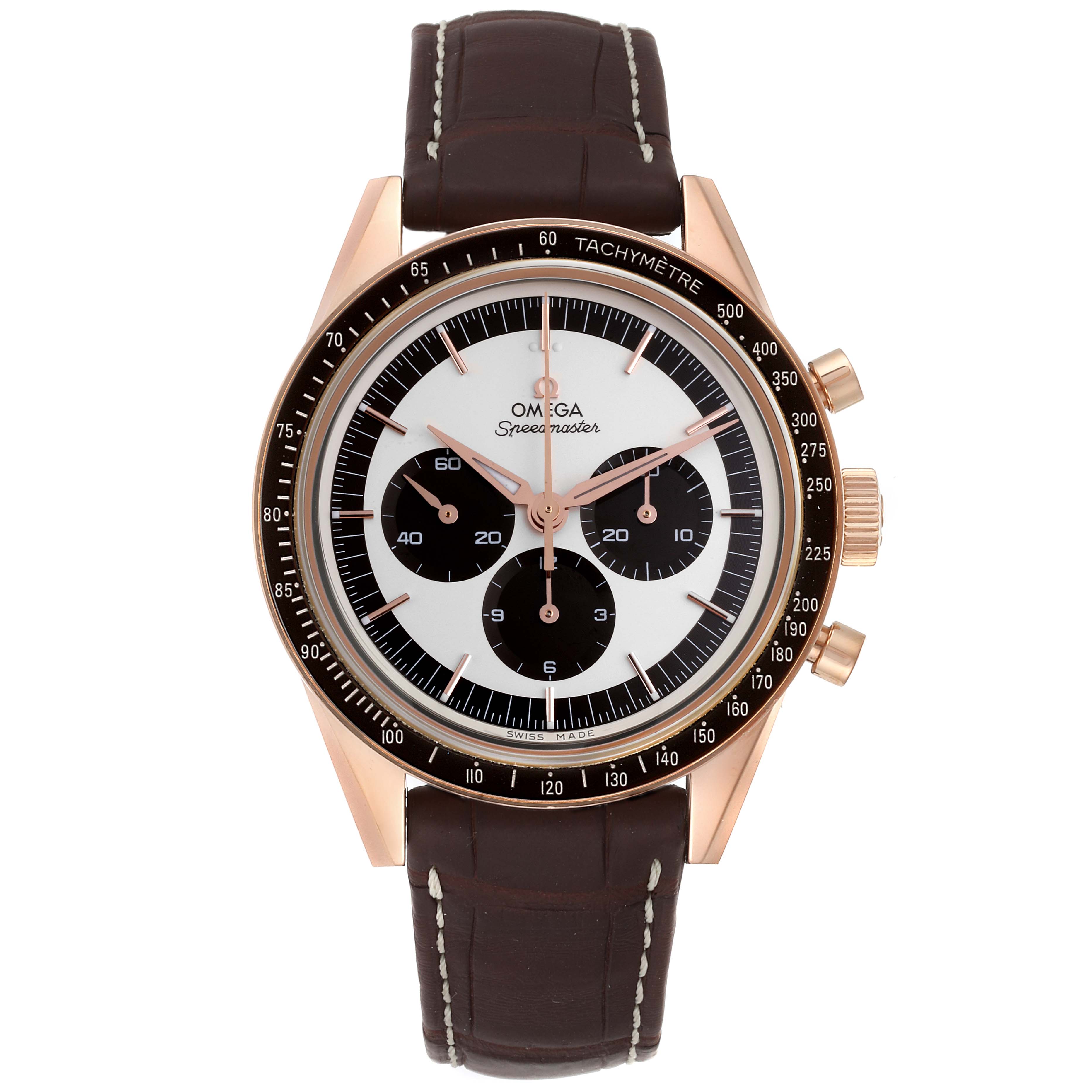 The image shows a front view of an Omega Speedmaster 311.63.40.30.02.001 Men's Rose Gold Silver Dial 311.63.40.30.02.001 Men's Rose Gold Silver Dial watch, highlighting its dial, bezel, and leather strap.