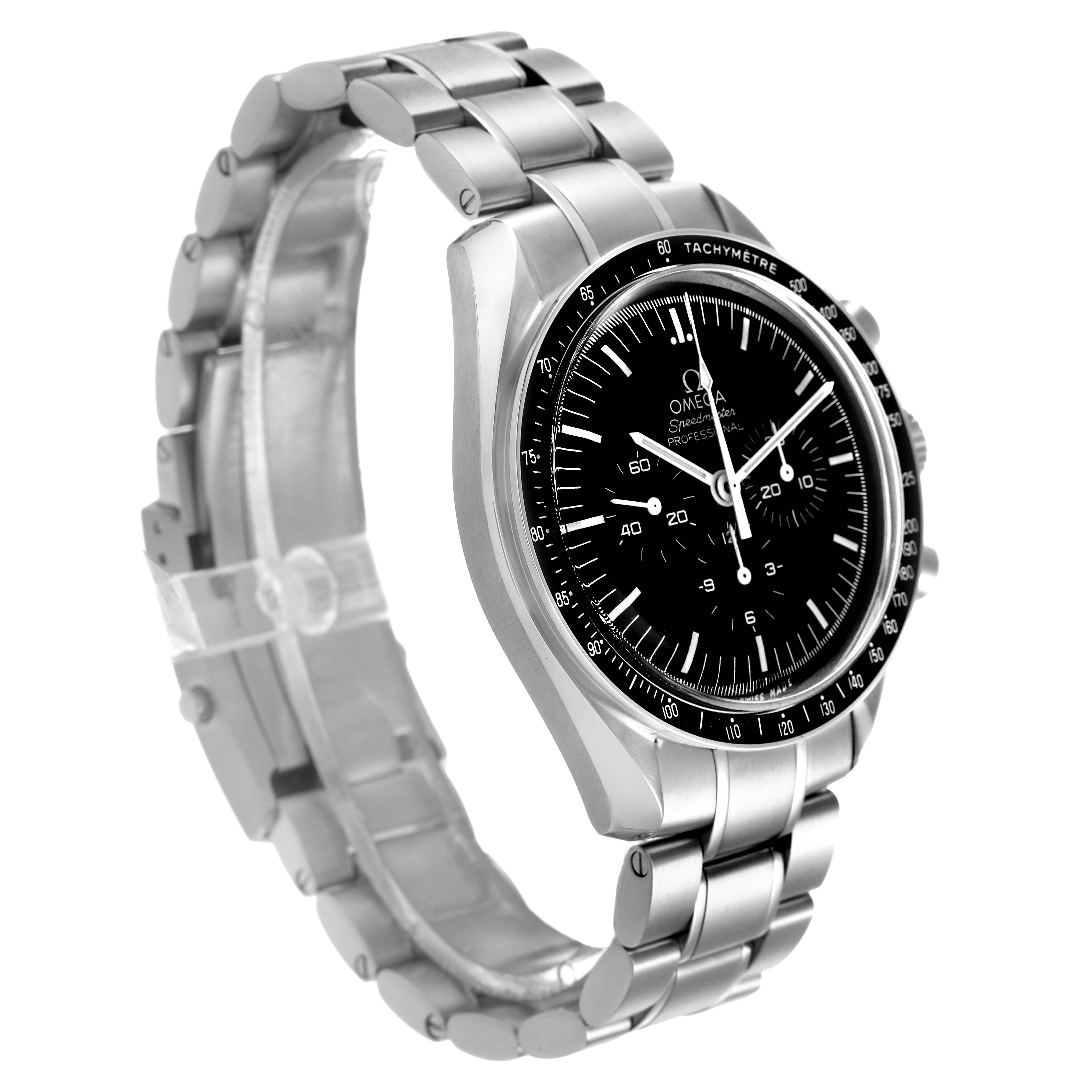 The image shows an Omega Speedmaster 311.30.42.30.01.005 Men's Stainless Steel Black Dial watch at an angle highlighting the face, bezel, and stainless steel bracelet.