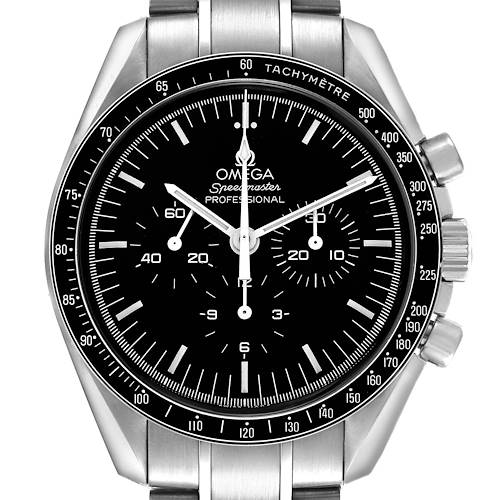 The Omega Speedmaster 311.30.42.30.01.005 Men's Stainless Steel Black Dial is shown from a front angle, highlighting the dial, bezel, and chronograph features.