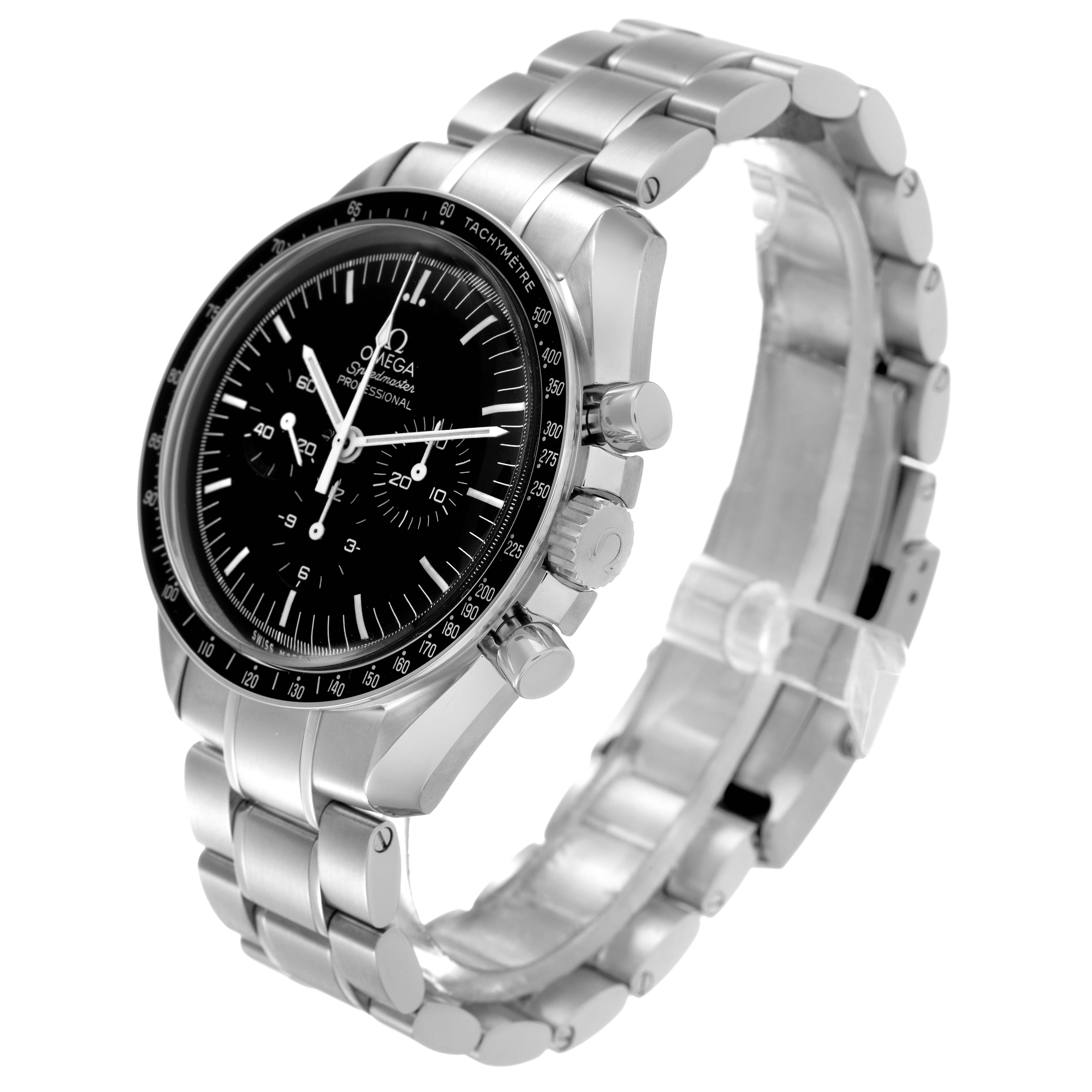 The Omega Speedmaster 311.30.42.30.01.005 Men's Stainless Steel Black Dial model is shown at a three-quarter angle, highlighting the face, bezel, chronograph buttons, and metal bracelet.