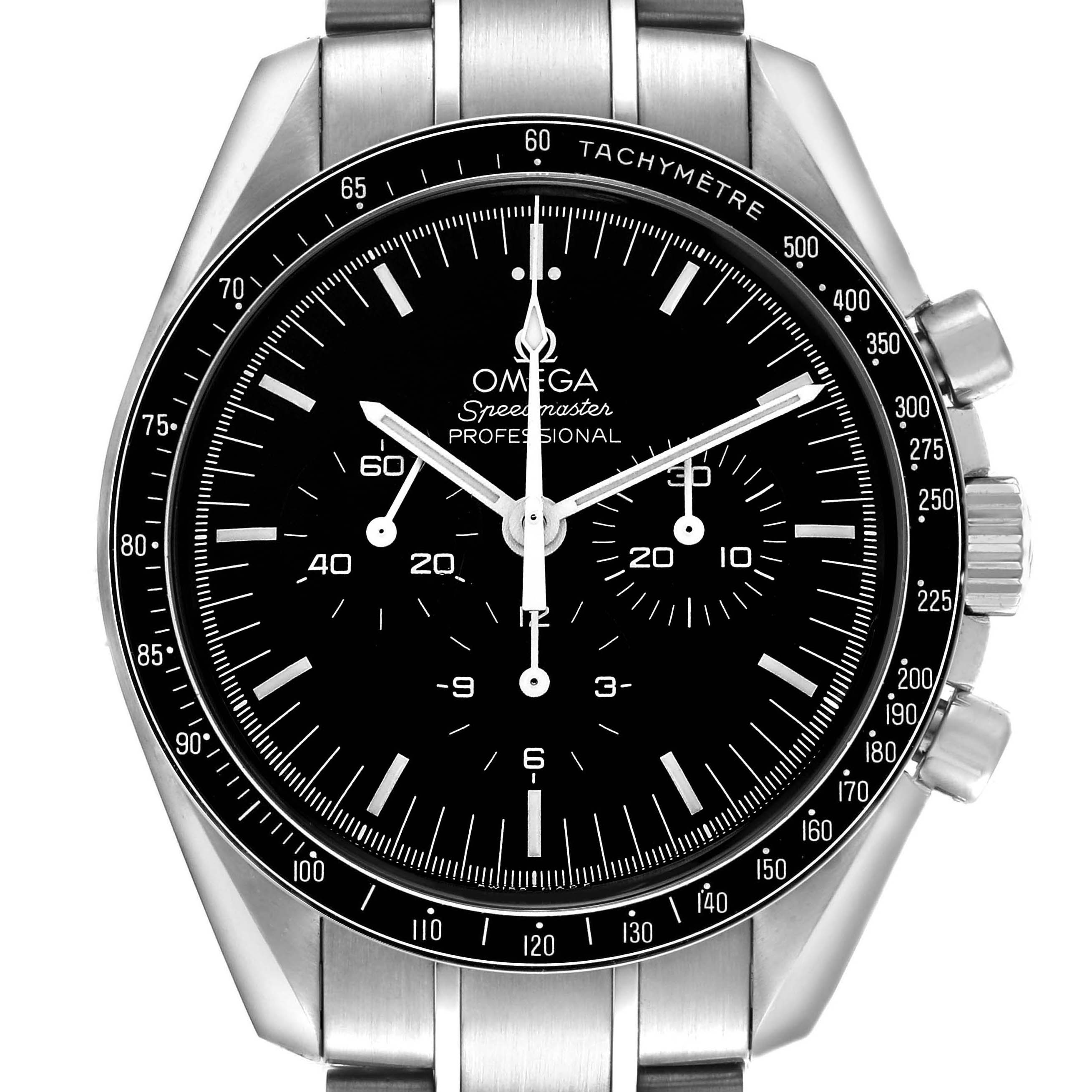The Omega Speedmaster 311.30.42.30.01.005 Men's Stainless Steel Black Dial watch is shown from a front angle, displaying the dial, bezel, and part of the bracelet.