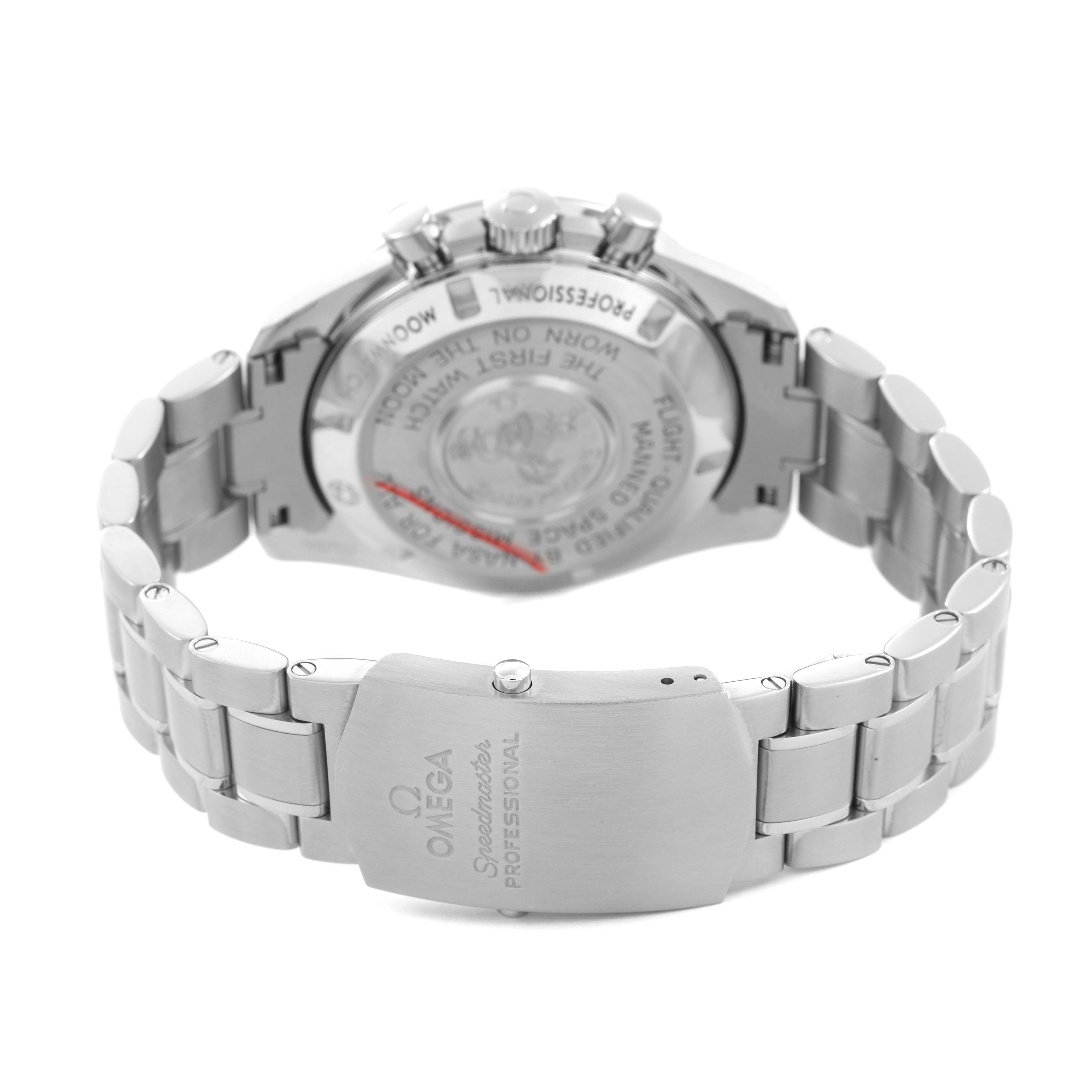 The image shows the back view of an Omega Speedmaster 311.30.42.30.01.005 Men's Stainless Steel Black Dial watch, highlighting the case back, bracelet, and clasp.