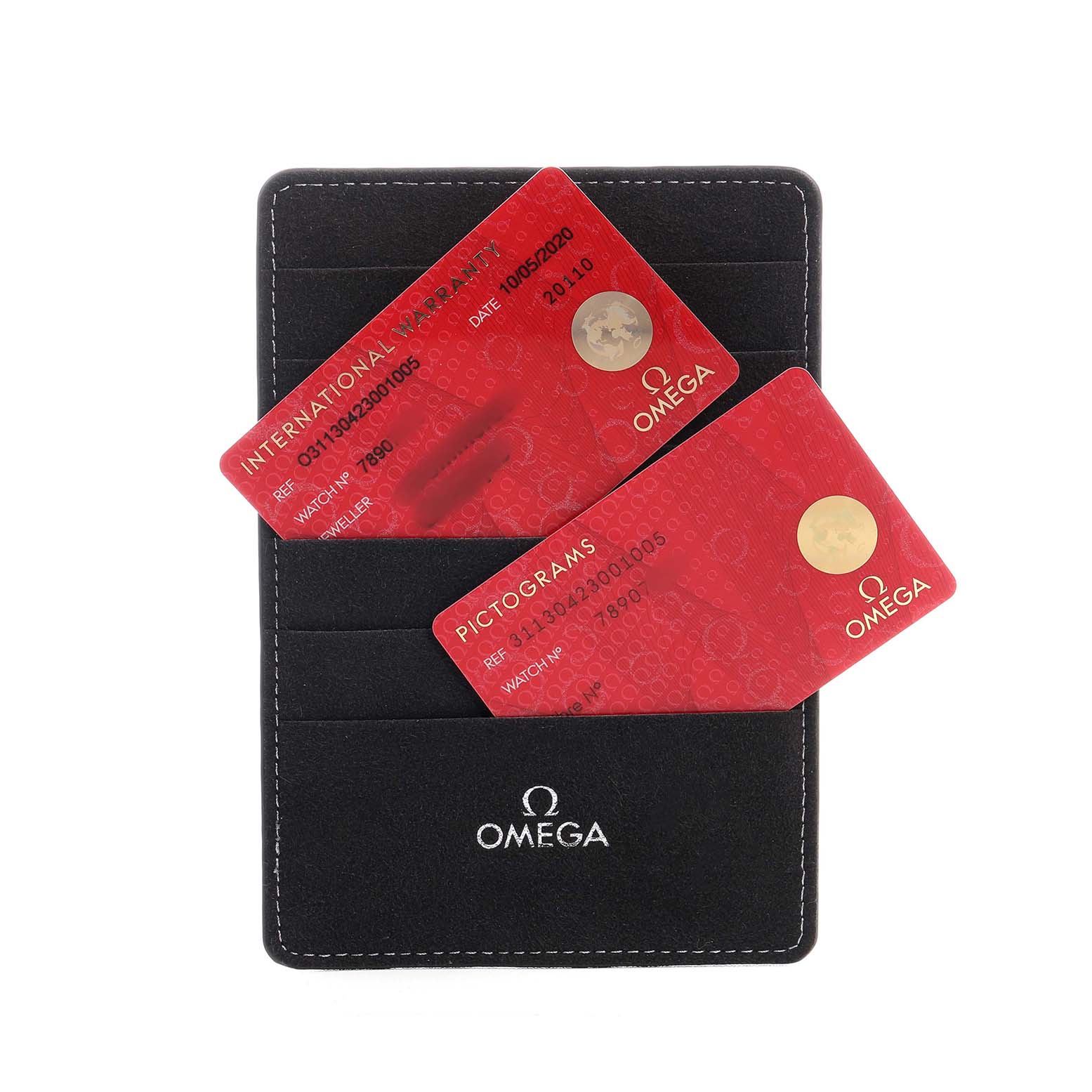 The image shows Omega Speedmaster 311.30.42.30.01.005 Men's Stainless Steel Black Dial watch warranty and pictograms cards in a black cardholder.