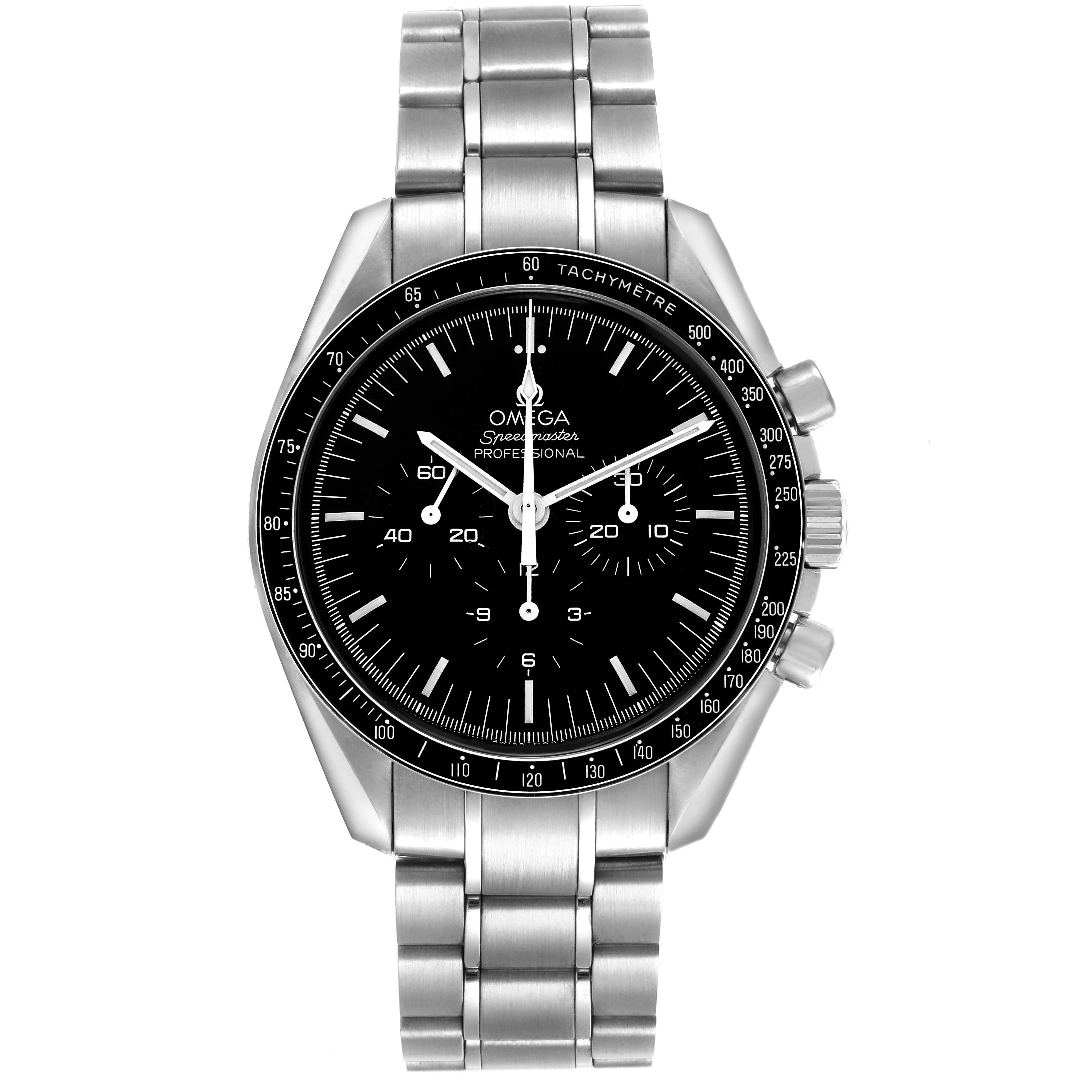 The Omega Speedmaster 311.30.42.30.01.005 Men's Stainless Steel Black Dial watch is shown from the front, displaying its dial, bezel, pushers, and bracelet.