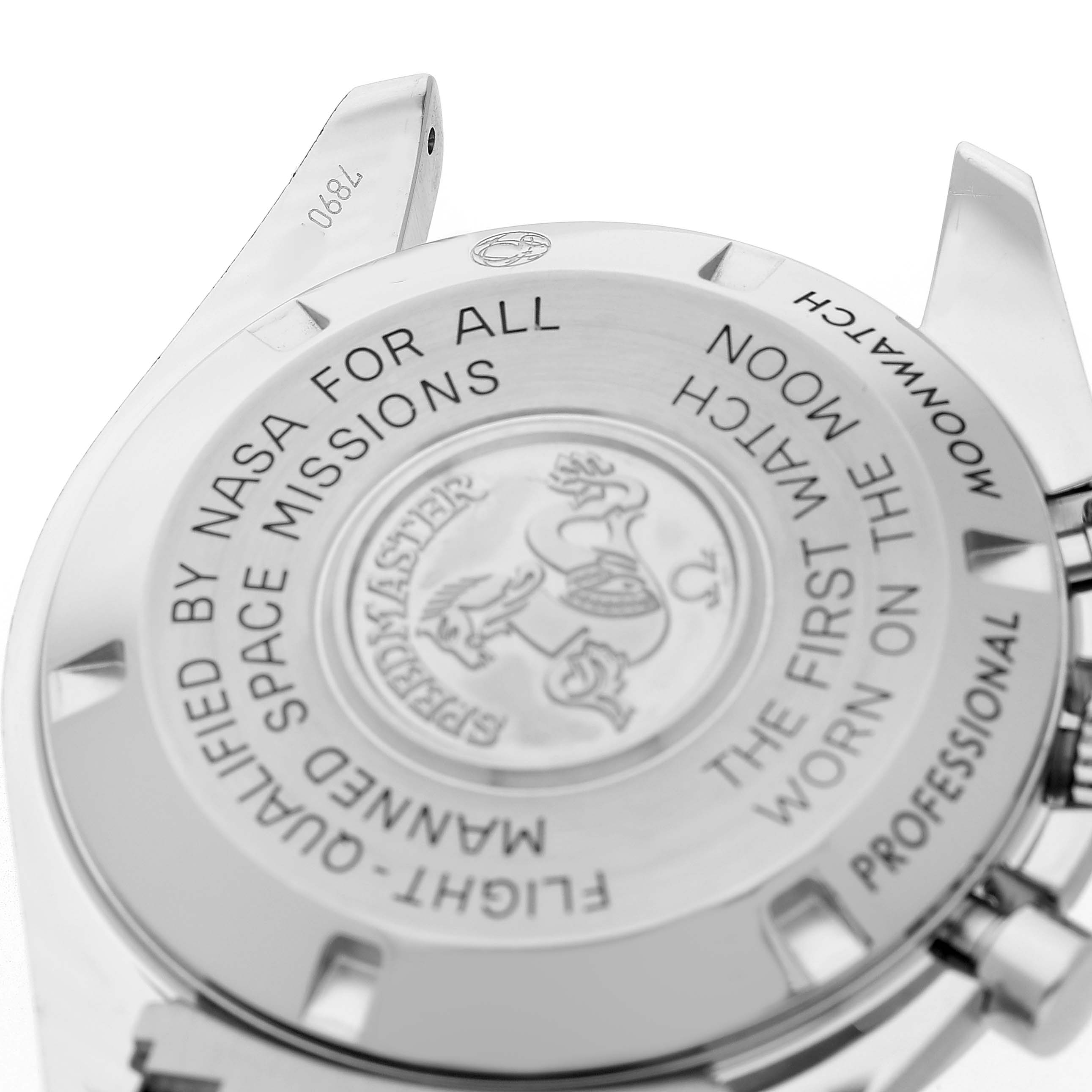 The image shows the case back of the Omega Speedmaster 311.30.42.30.01.005 Men's Stainless Steel Black Dial, featuring engraved text and logo detailing.