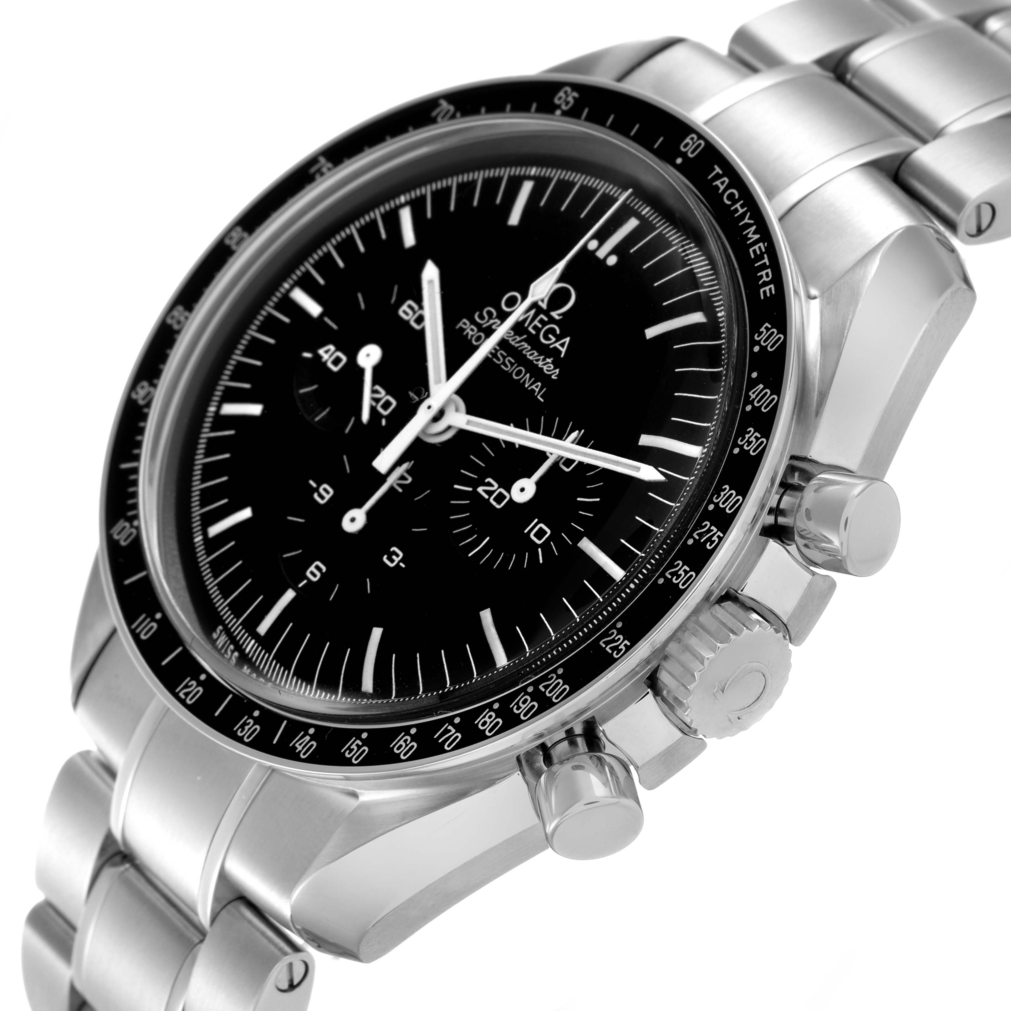 The Omega Speedmaster 311.30.42.30.01.005 Men's Stainless Steel Black Dial is shown from a side angle, highlighting the bracelet, case, bezel, crown, and pushers.