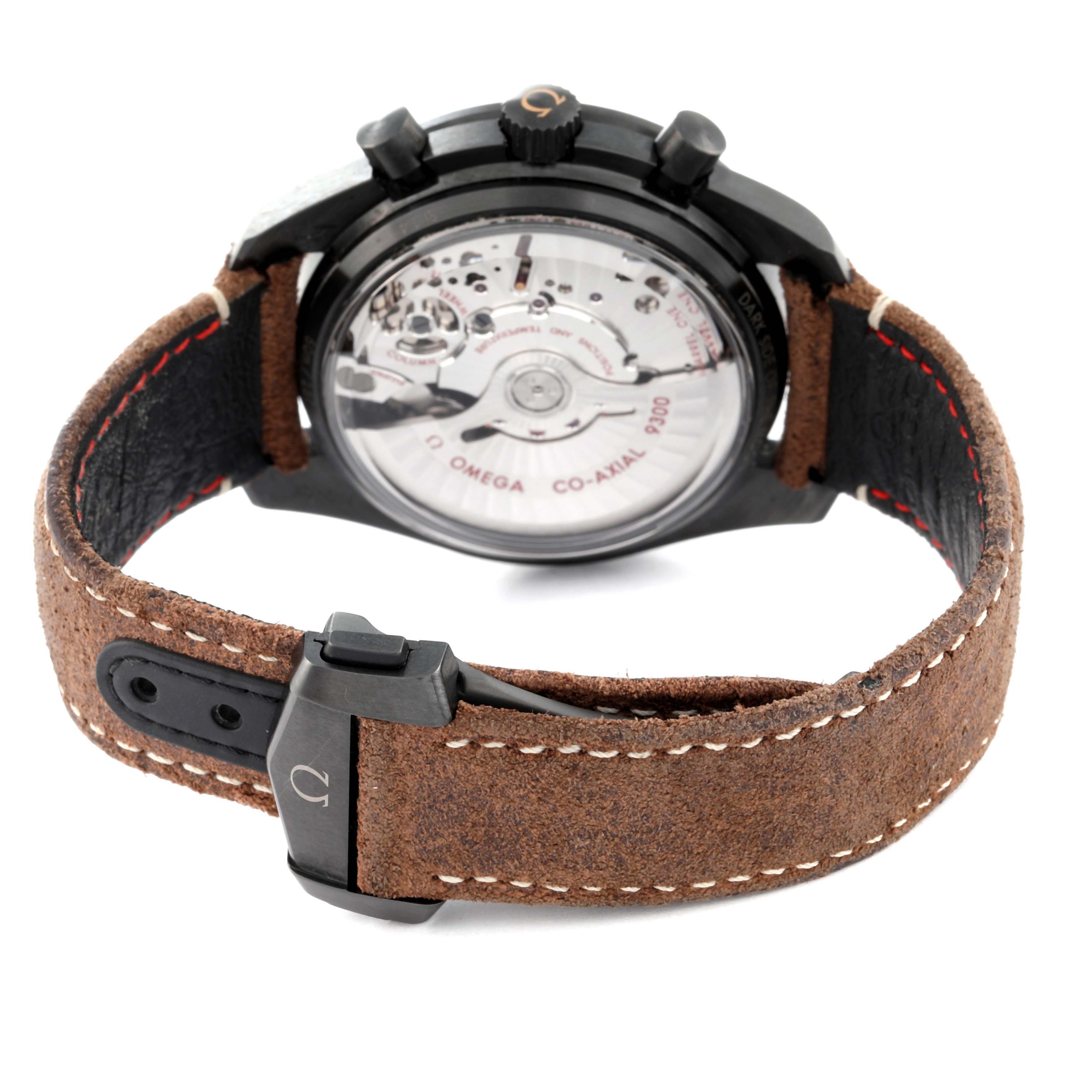 This image shows the back view of an Omega Speedmaster 311.92.44.51.01.006 Men's Ceramic Black Dial 311.92.44.51.01.006 Men's Ceramic Black Dial watch, highlighting its transparent case back and leather strap.