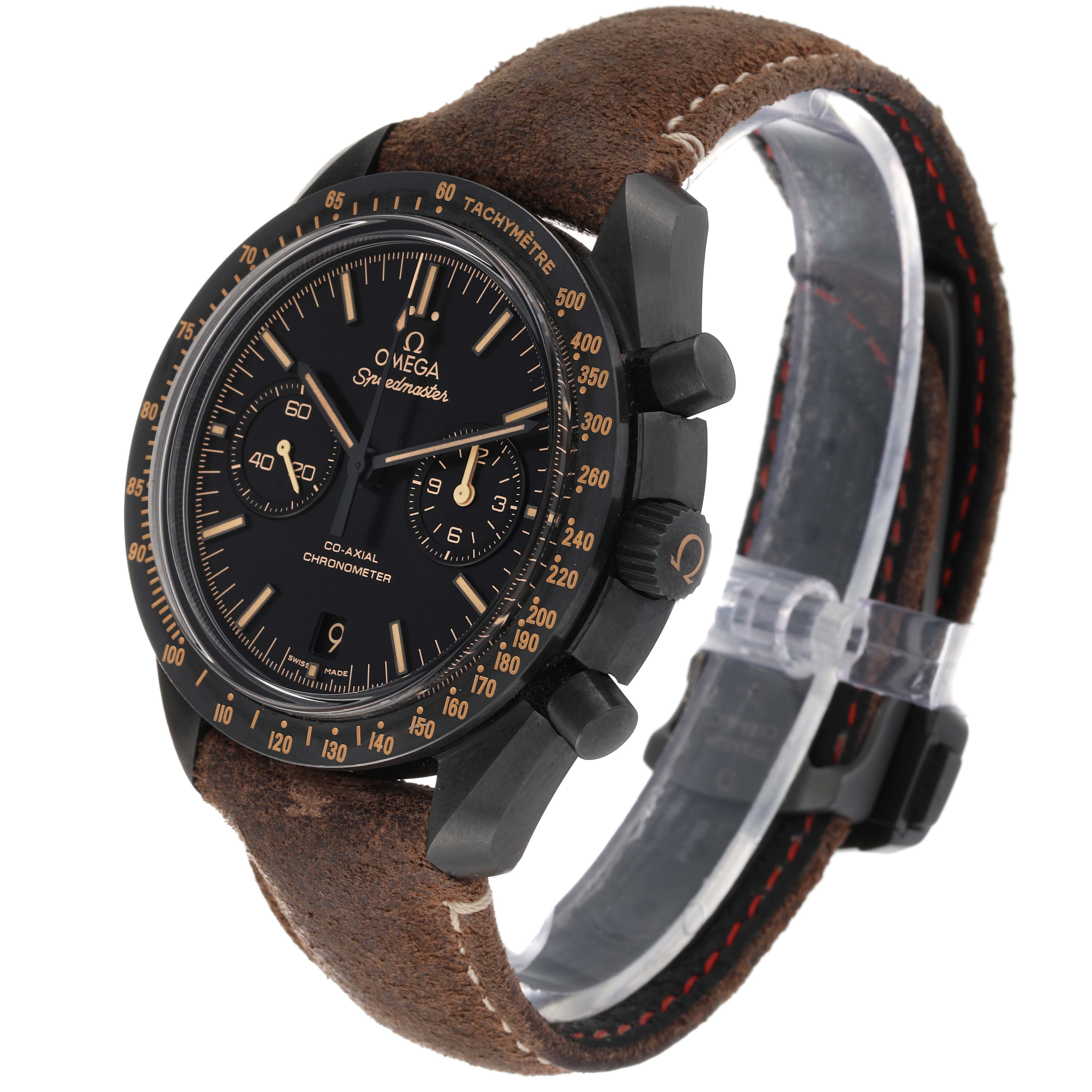 The Omega Speedmaster 311.92.44.51.01.006 Men's Ceramic Black Dial 311.92.44.51.01.006 Men's Ceramic Black Dial watch is shown at a three-quarter angle, highlighting its brown leather strap and black dial with multiple subdials.