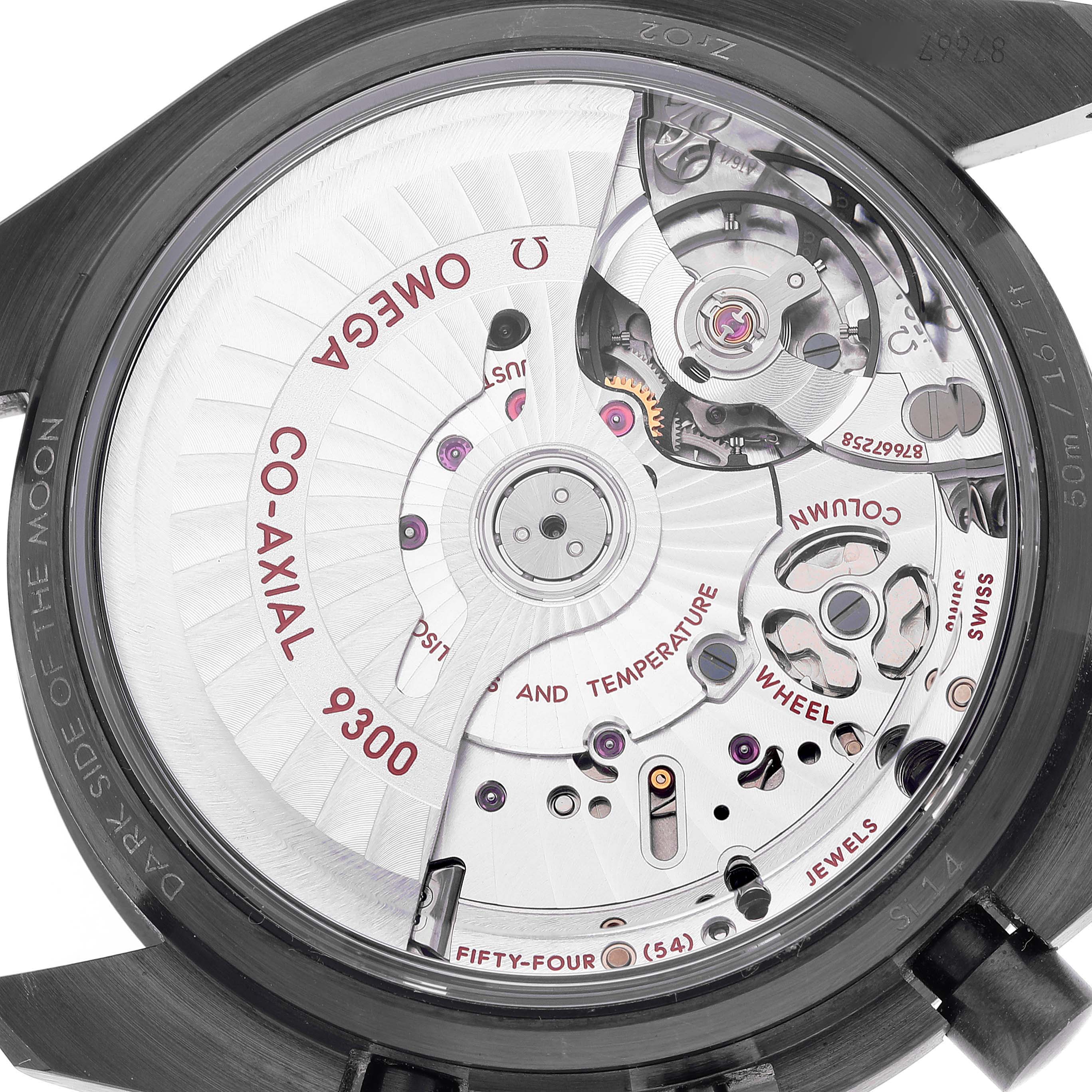 The image shows a close-up of the Omega Speedmaster 311.92.44.51.01.006 Men's Ceramic Black Dial 311.92.44.51.01.006 Men's Ceramic Black Dial's movement and internal components from the back of the watch.