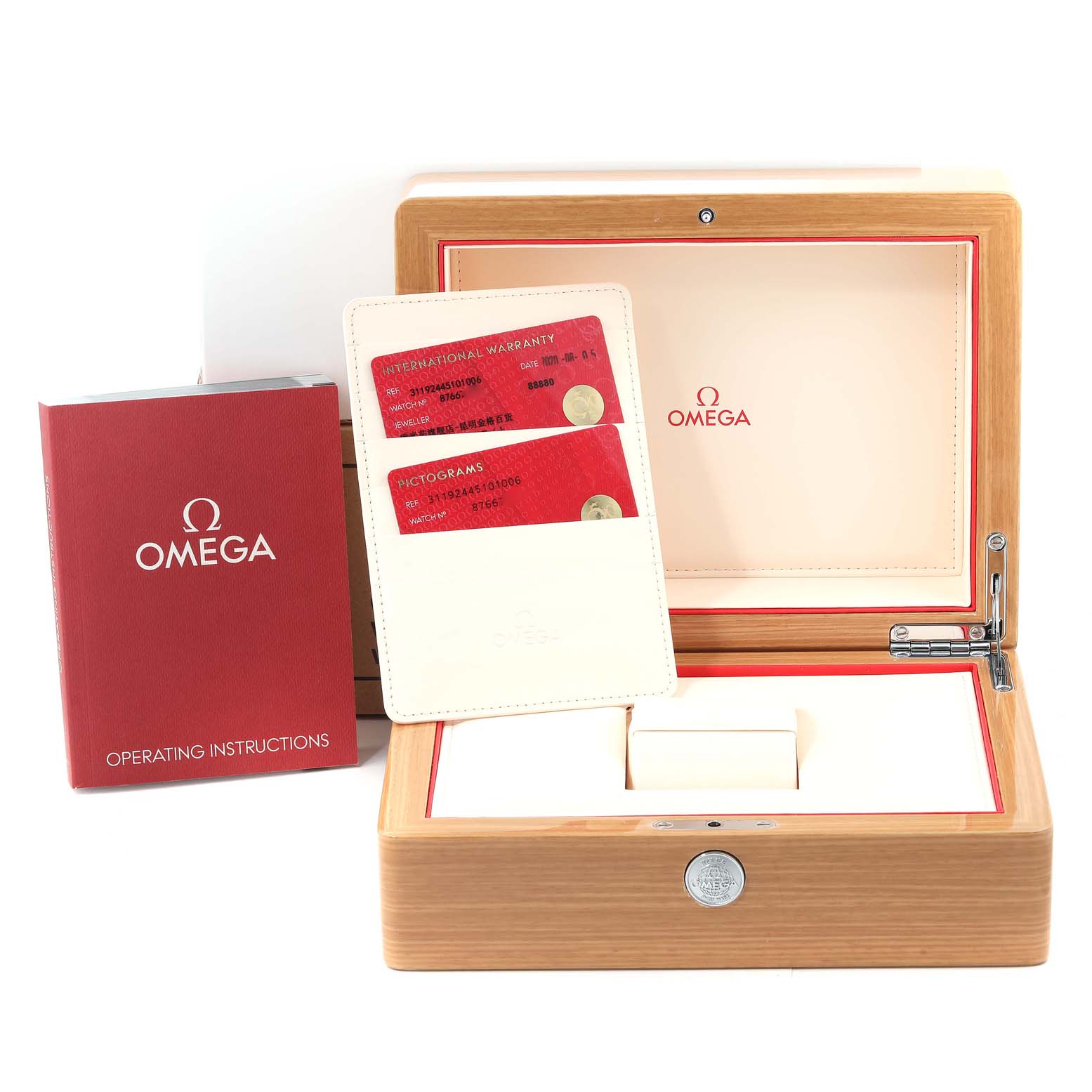 The image shows a wooden Omega Speedmaster 311.92.44.51.01.006 Men's Ceramic Black Dial 311.92.44.51.01.006 Men's Ceramic Black Dial watch box, open to reveal warranty cards, a card holder, and operating instructions.