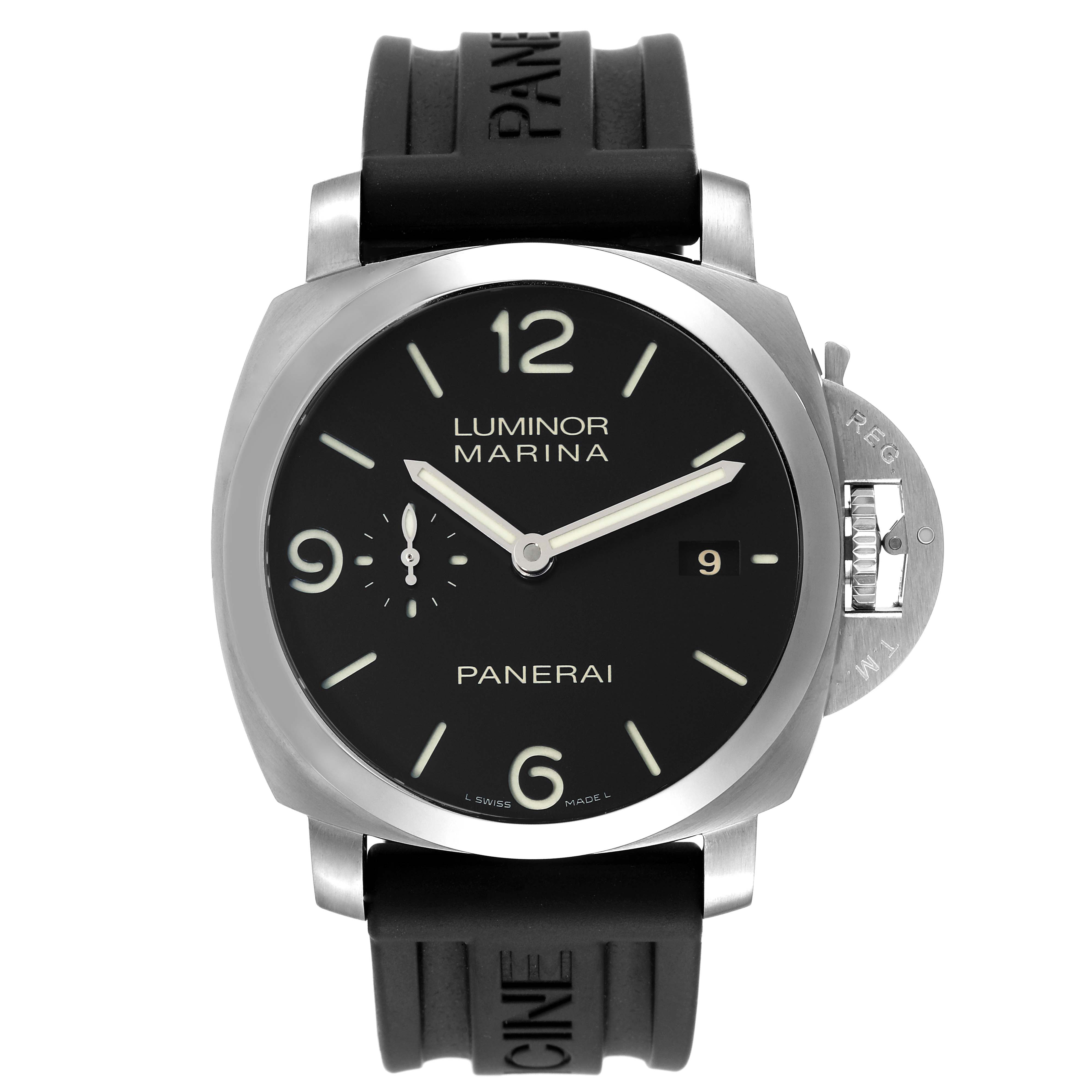 This image shows a Panerai Luminor PAM00312 Men's Stainless Steel Black Dial PAM00312 Men's Stainless Steel Black Dial watch from the front, displaying its dial, strap, and crown guard.