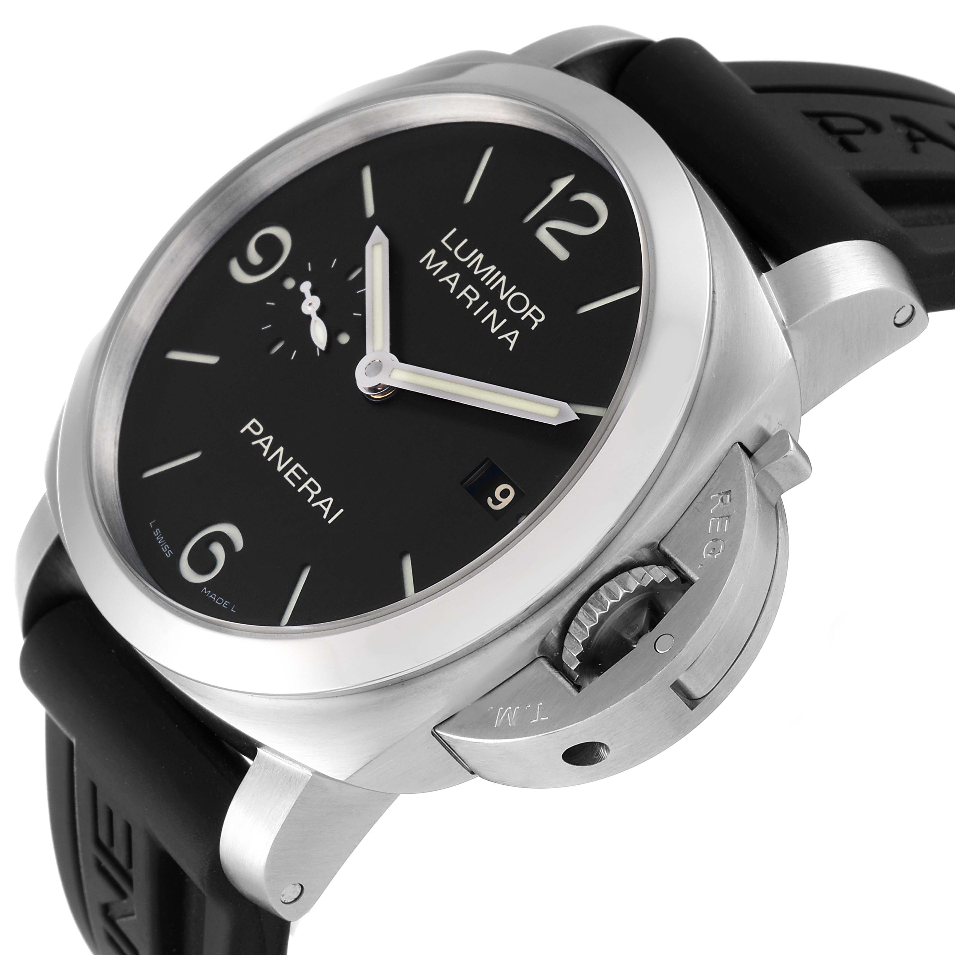 This image shows a side-angle view of a Panerai Luminor PAM00312 Men's Stainless Steel Black Dial PAM00312 Men's Stainless Steel Black Dial watch, highlighting the dial, crown guard, and strap.