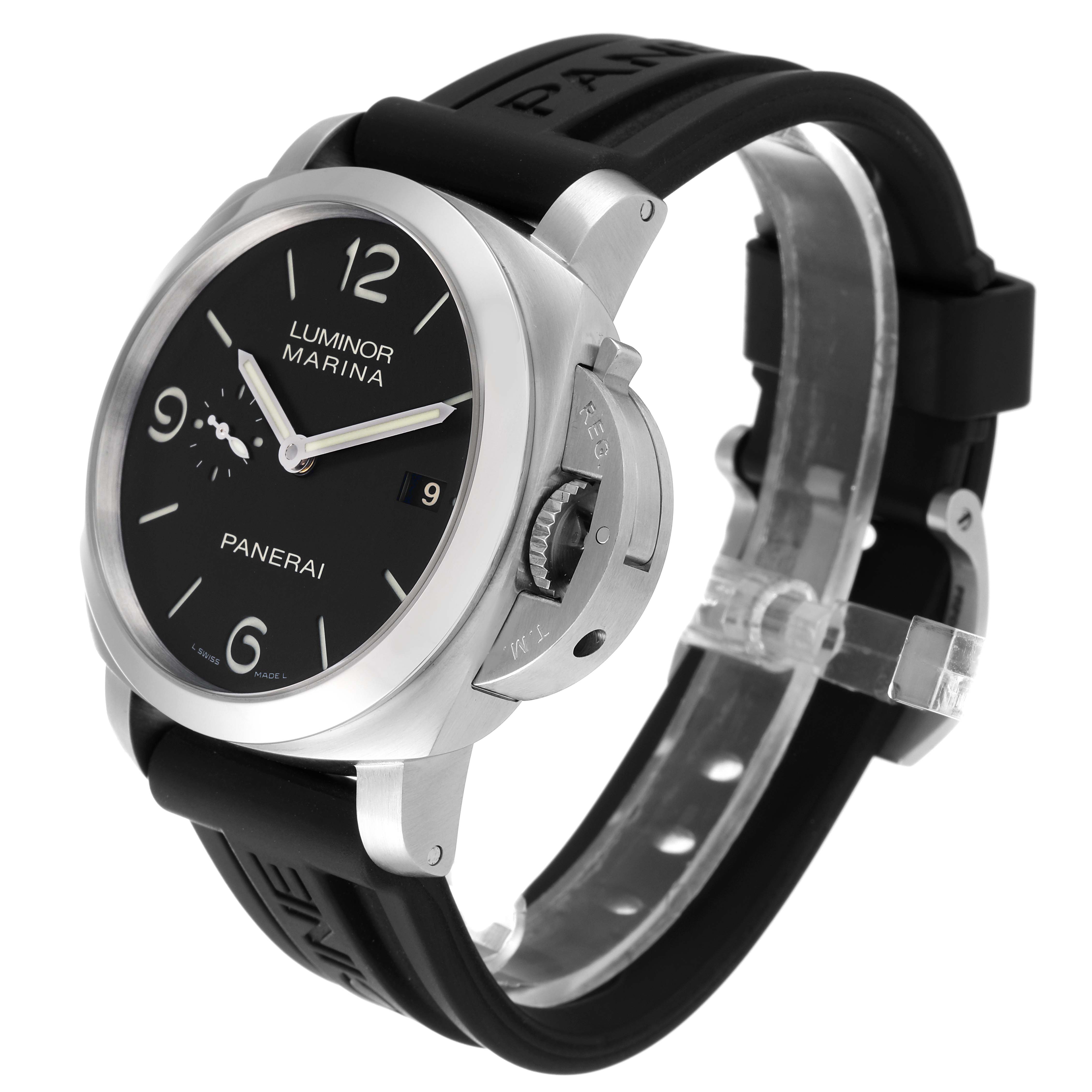 This is a Panerai Luminor PAM00312 Men's Stainless Steel Black Dial PAM00312 Men's Stainless Steel Black Dial Marina watch shown at a side angle, displaying the watch face, crown guard, and black strap.