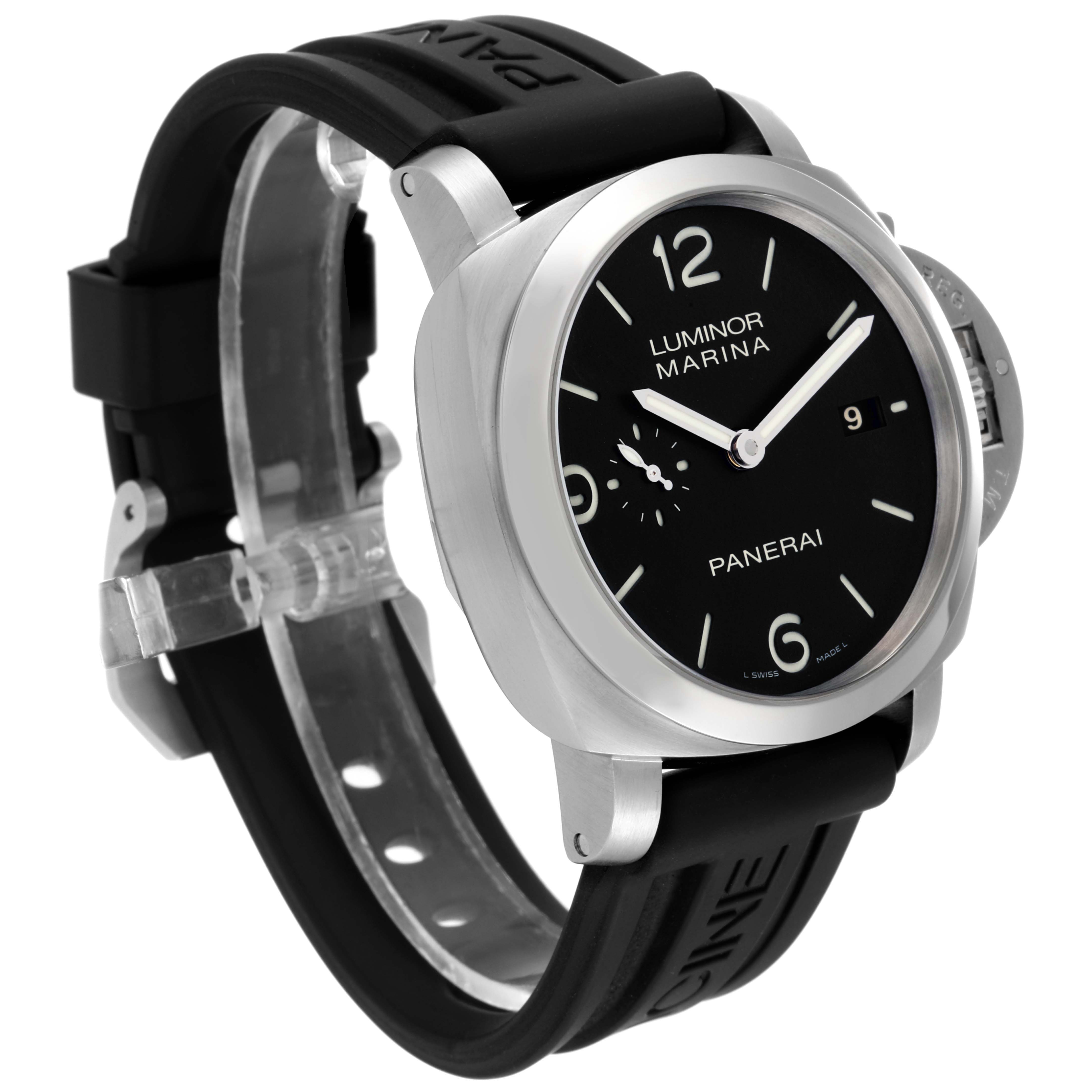 The image shows a Panerai Luminor PAM00312 Men's Stainless Steel Black Dial PAM00312 Men's Stainless Steel Black Dial Marina watch at a front-left angle, highlighting its dial, case, and strap.