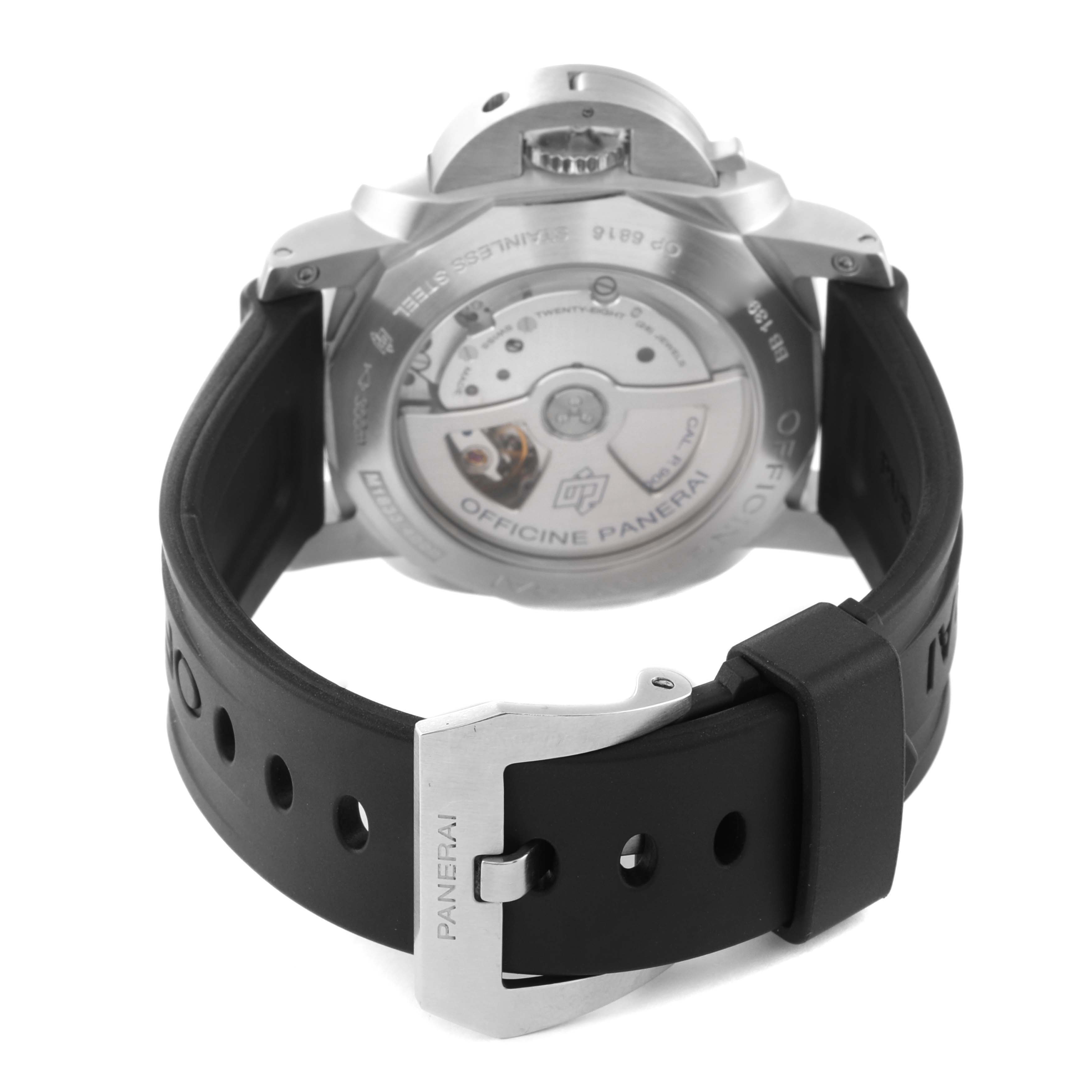 This image shows the back view of a Panerai Luminor PAM00312 Men's Stainless Steel Black Dial PAM00312 Men's Stainless Steel Black Dial watch, highlighting the strap and transparent case back.