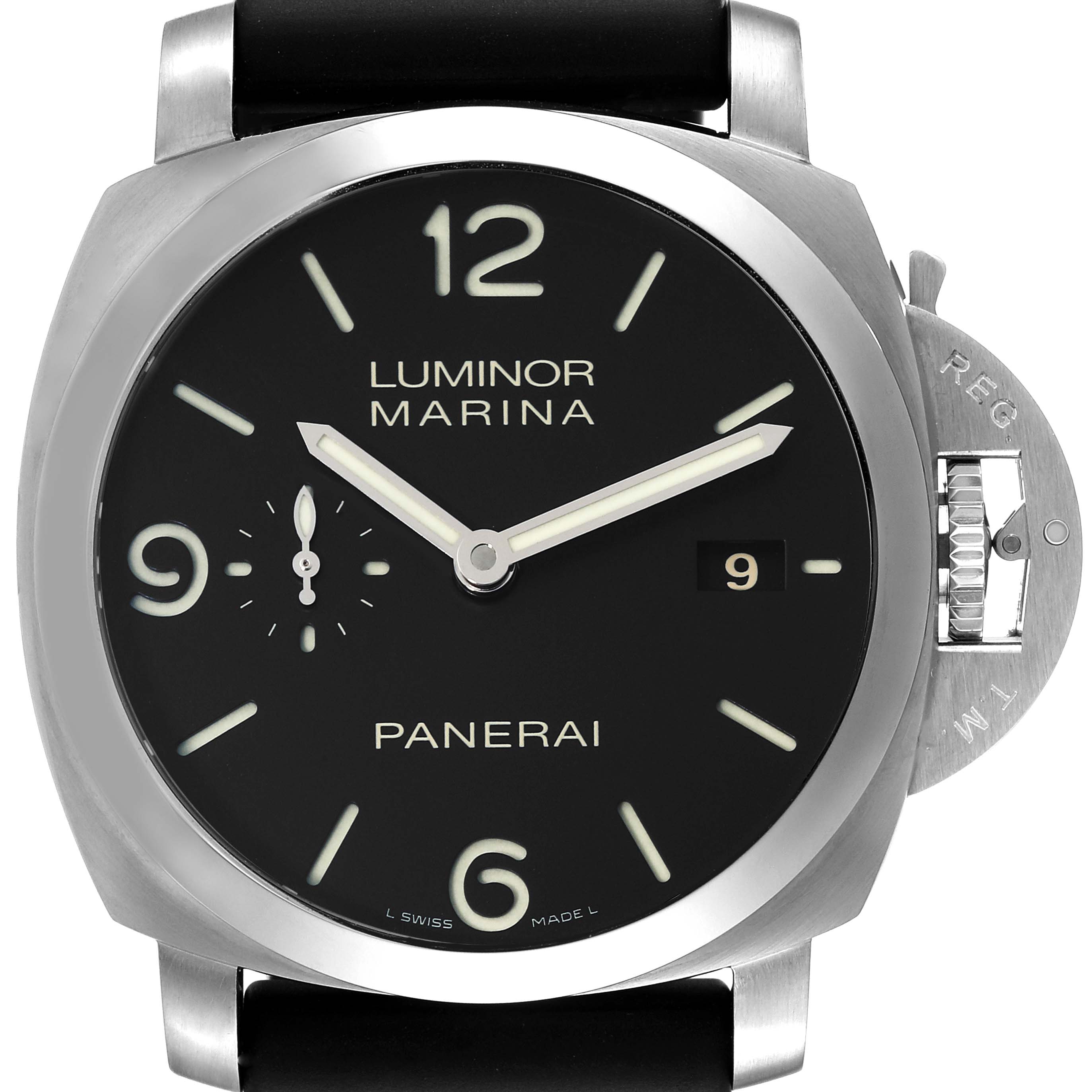 The image shows a front view of the Panerai Luminor PAM00312 Men's Stainless Steel Black Dial PAM00312 Men's Stainless Steel Black Dial Marina watch, highlighting its black dial, white numerals, date display, and signature crown guard.